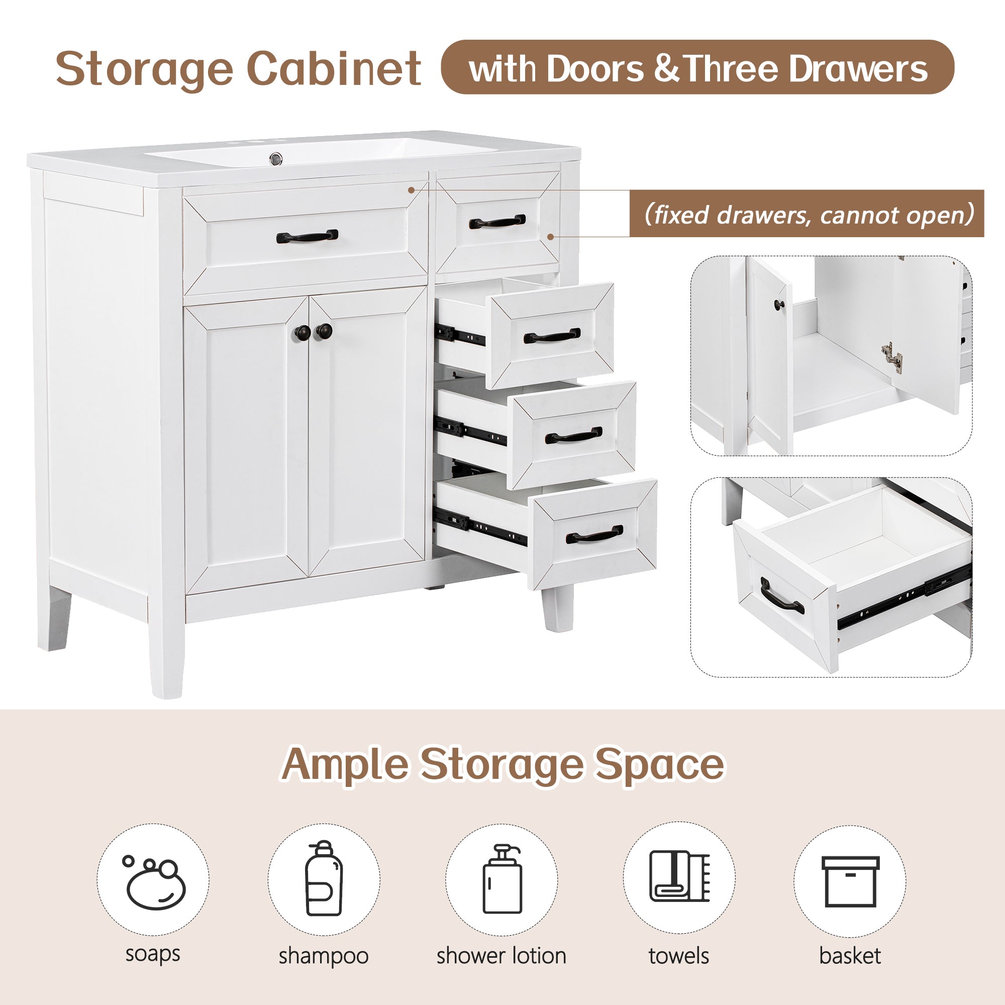 36" Bathroom Vanity with Sink Combo, White Bathroom Cabinet with Drawers, Solid Frame and MDF Board (Old Sku:JL000007AAK)