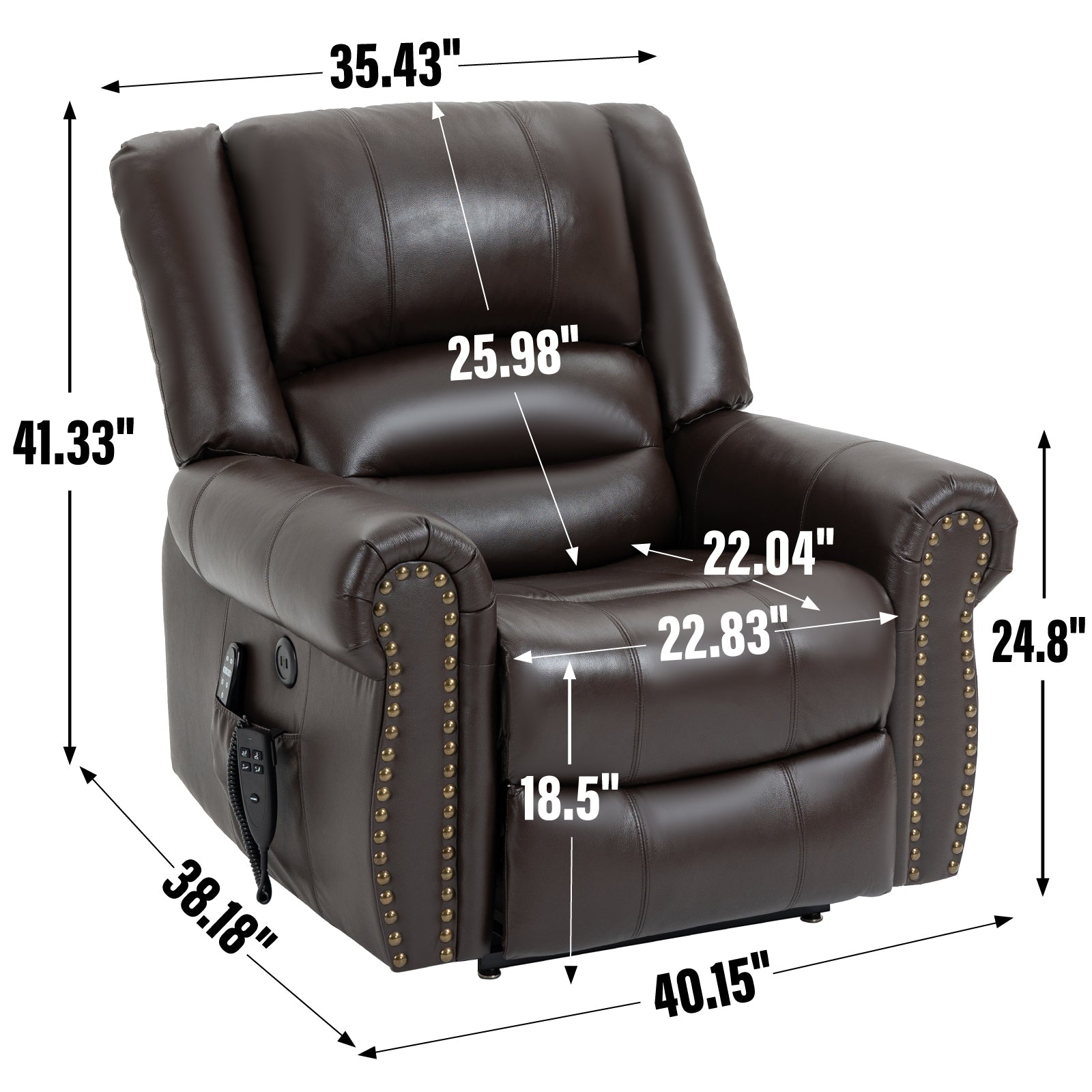 Power Lift Recliner Chair Heat Massage Dual Motor Infinite Position Up to 350 LBS, Genuine Leather, Heavy Duty Motion Mechanism with USB Ports, Brown