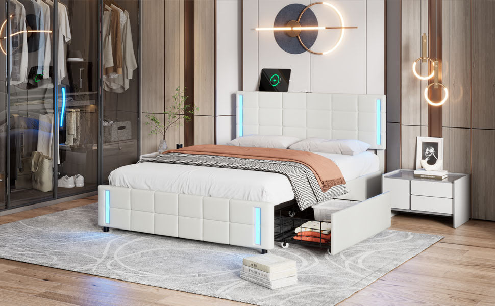 Queen Size Upholstered Platform Bed with LED Lights and USB Charging, Storage Bed with 4 Drawers, White