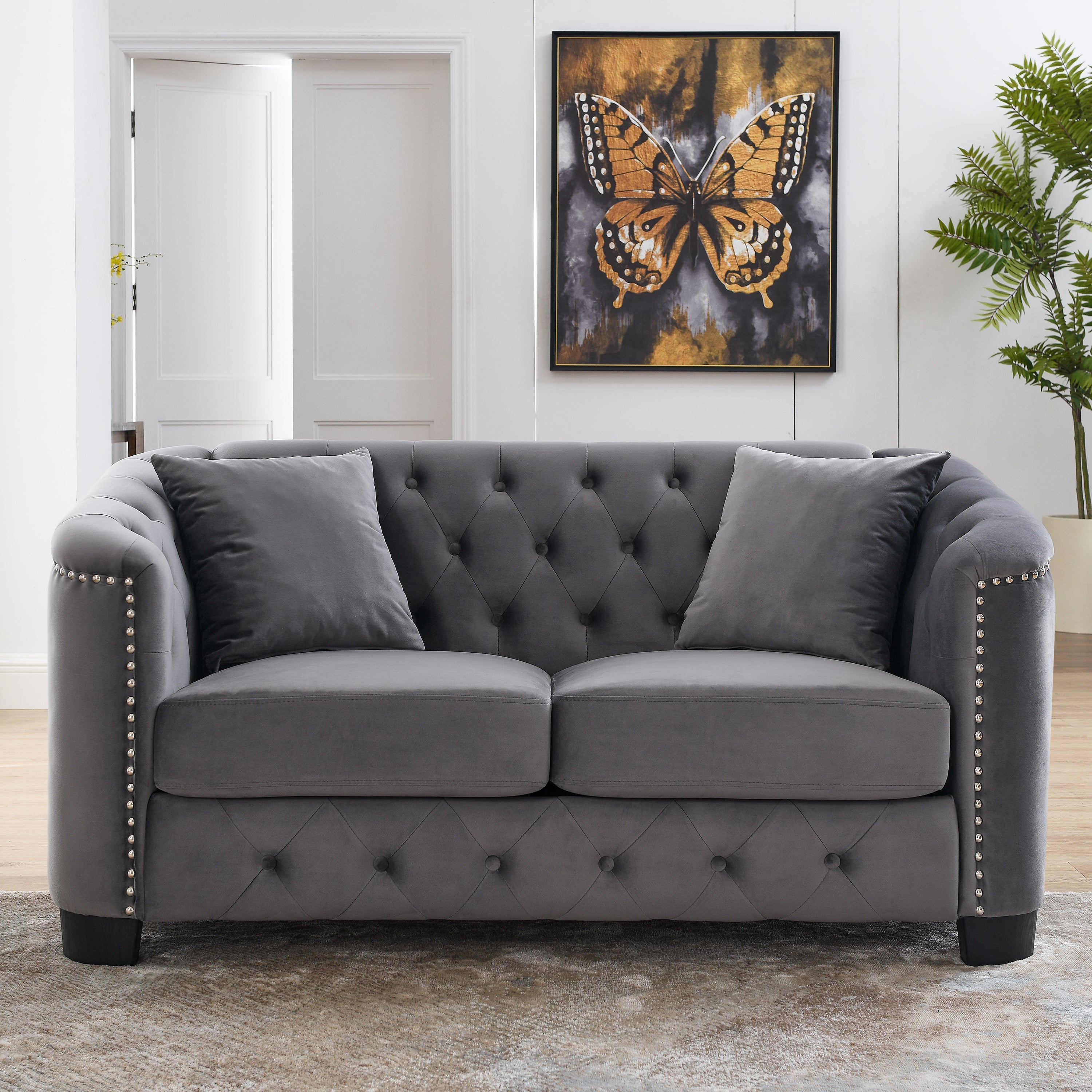 59-Inch Modern Chesterfield Velvet Sofa, 2-Seater Sofa, Upholstered Tufted Backrests with Nailhead Arms and 2 Cushions for Living Room, Bedroom, Apartment, Office (Grey)