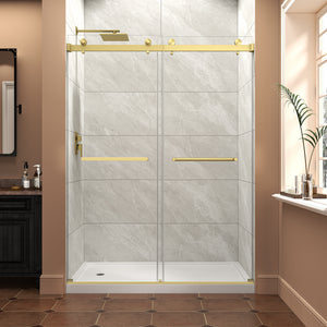 55-60 x 76 in Reversible Bypass Shower Door - Brushed gold finish front view