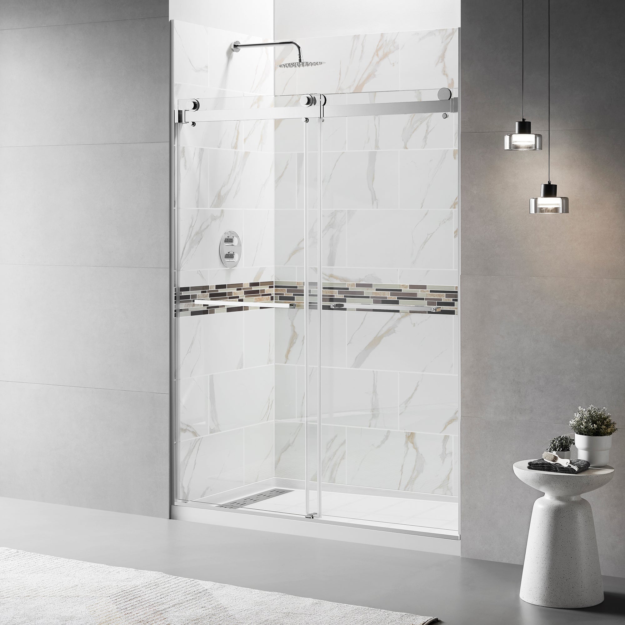 56" - 60"W x 76"H Frameless Double Sliding Shower Door, 3/8"(10mm) Clear Tempered Glass, Glass Door For Bathroom, Chrome Finish