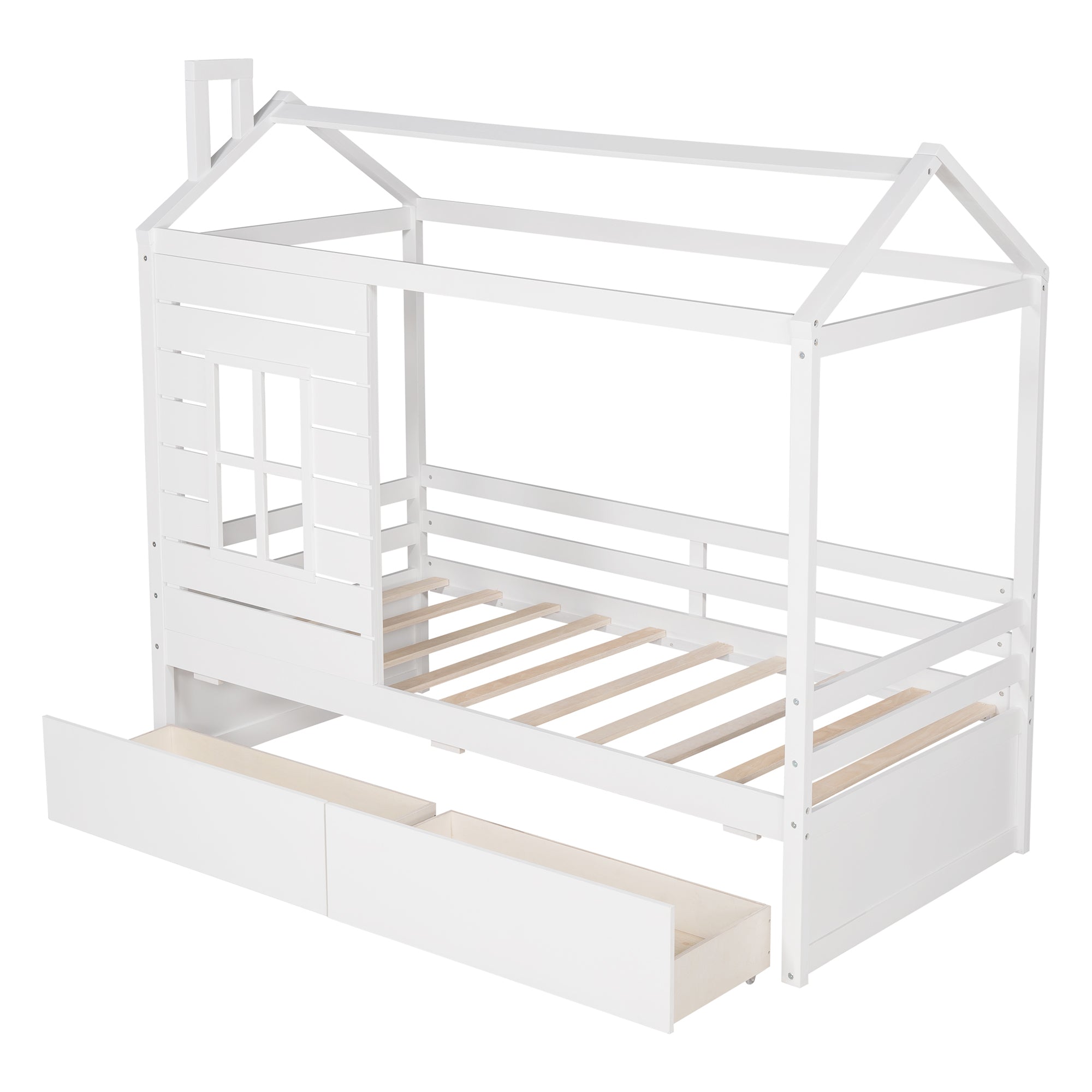 Twin Size House Bed Wood Bed with Two Drawers ( White )