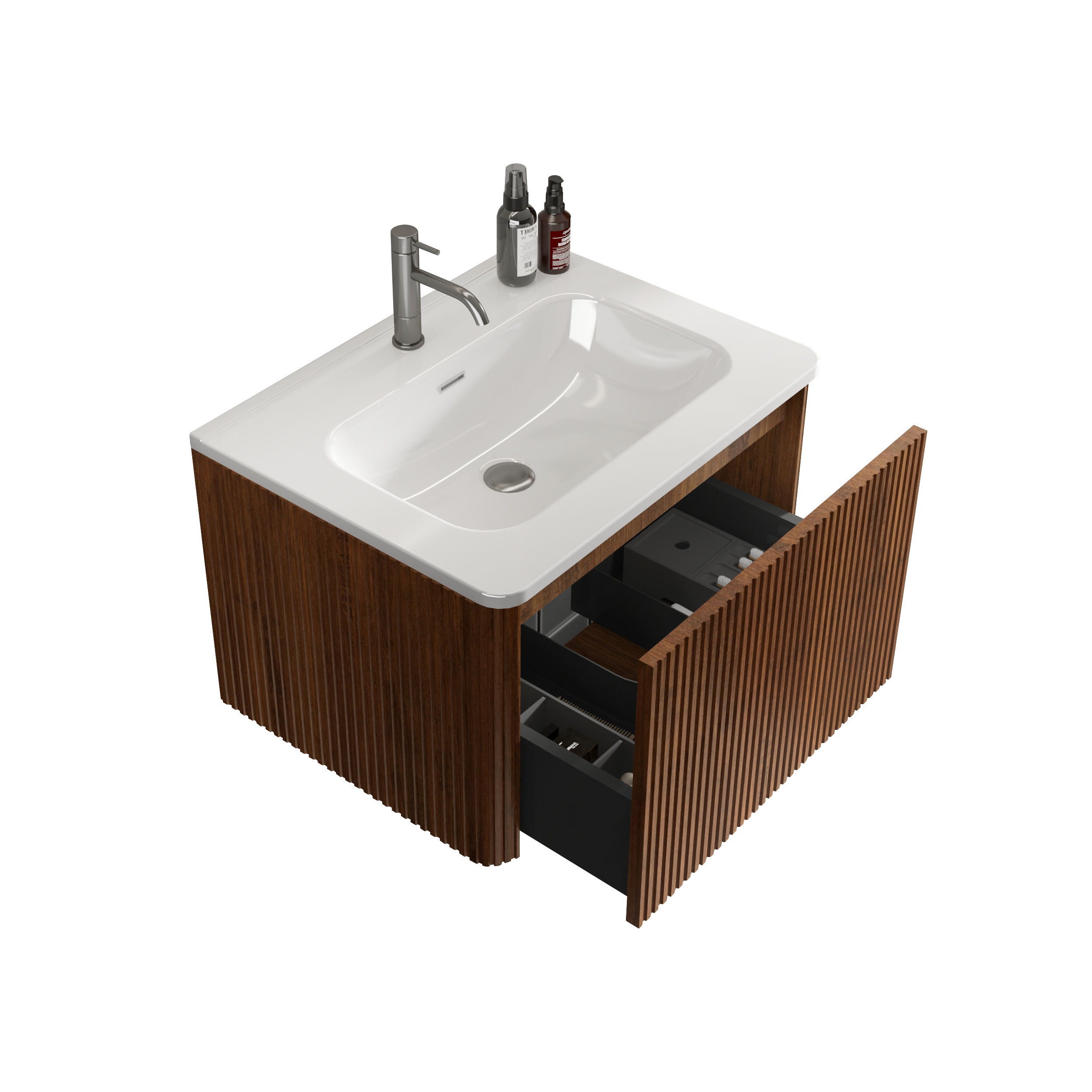 U046-Etna24W-305 Etna 24" Striped Walnut Bathroom Vanity with White Ceramic Sink, Wall Mounted Floating Bathroom Vanity for Modern Bathroom, Pre-assembled