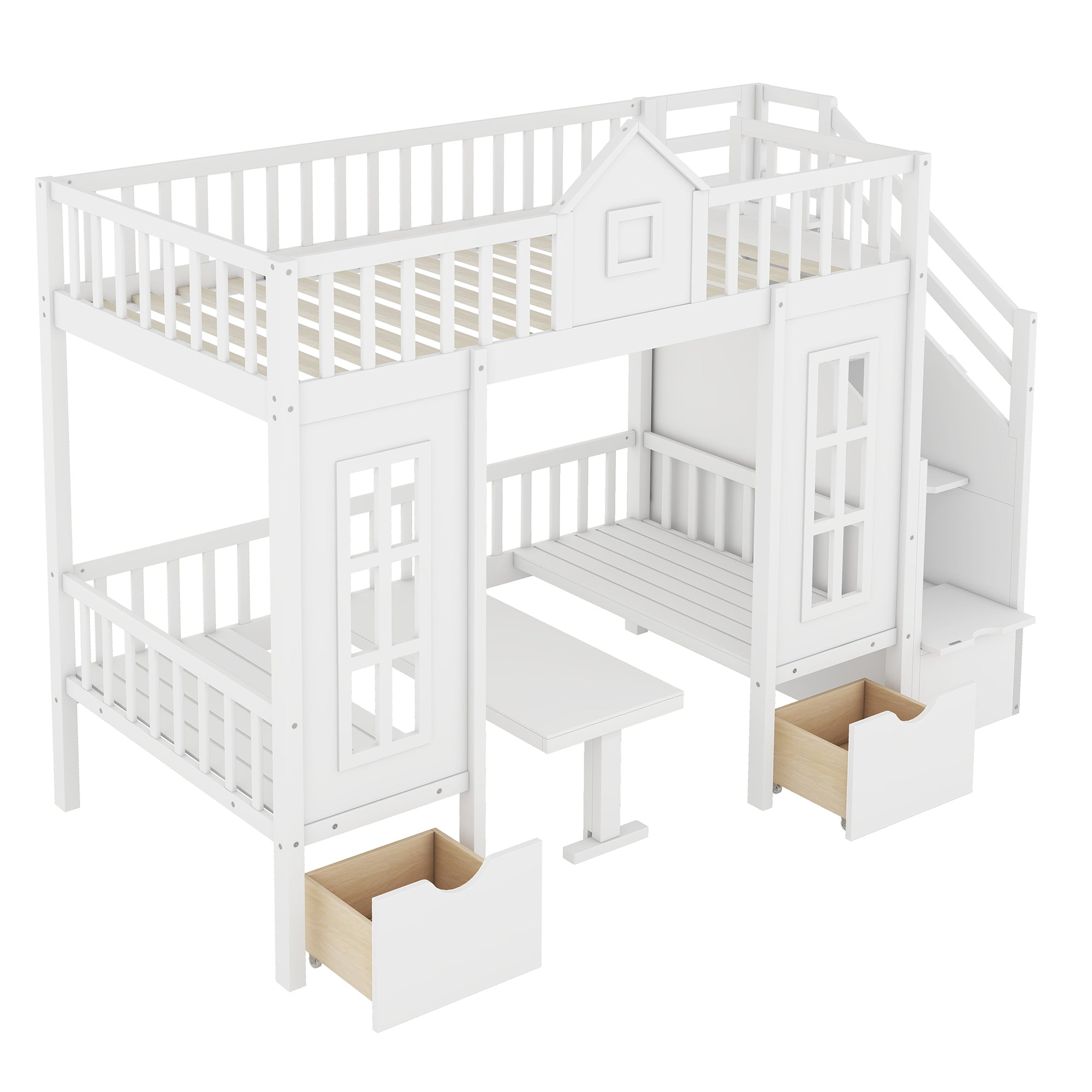 Twin-Over-Twin Bunk Bed with Changeable Table, Bunk Bed Turn into Upper Bed and Down Desk -White