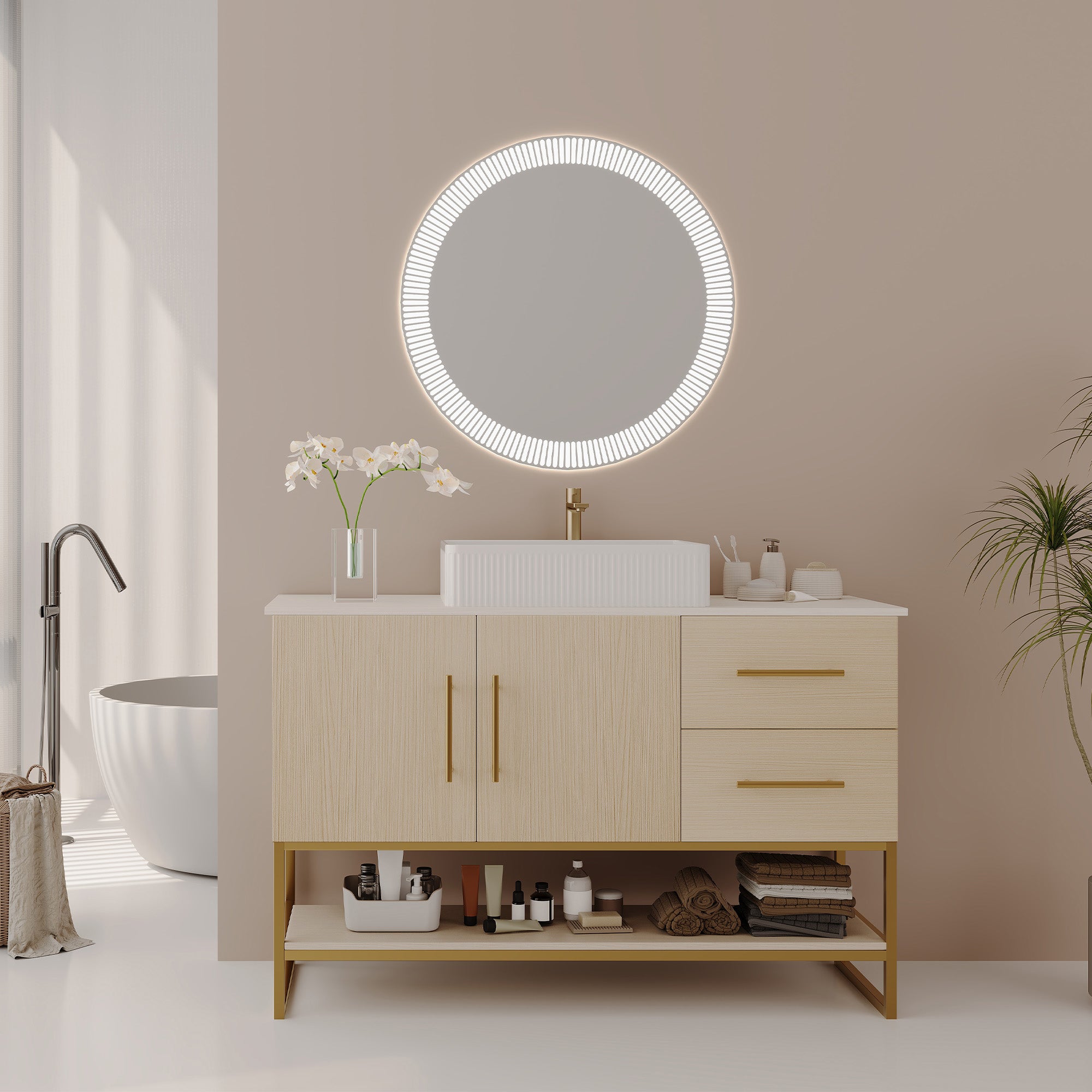 47.2 inch modern bathroom vanity with gold accent and ceramic vessel sink, front view