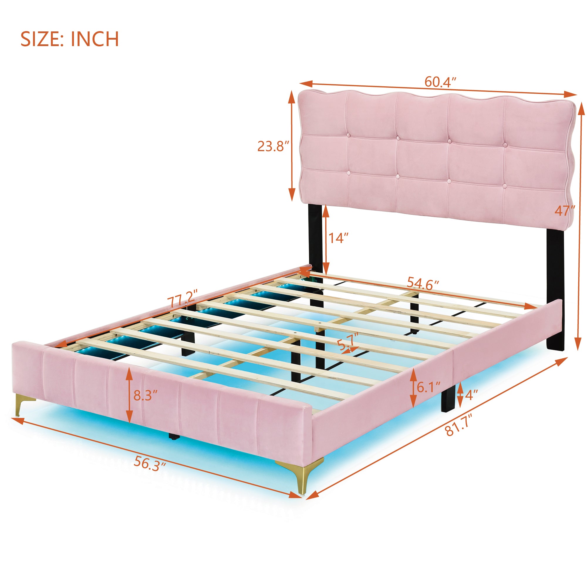 Full Size Velvet Platform Bed with LED Frame and Stylish Mental Bed Legs, Pink