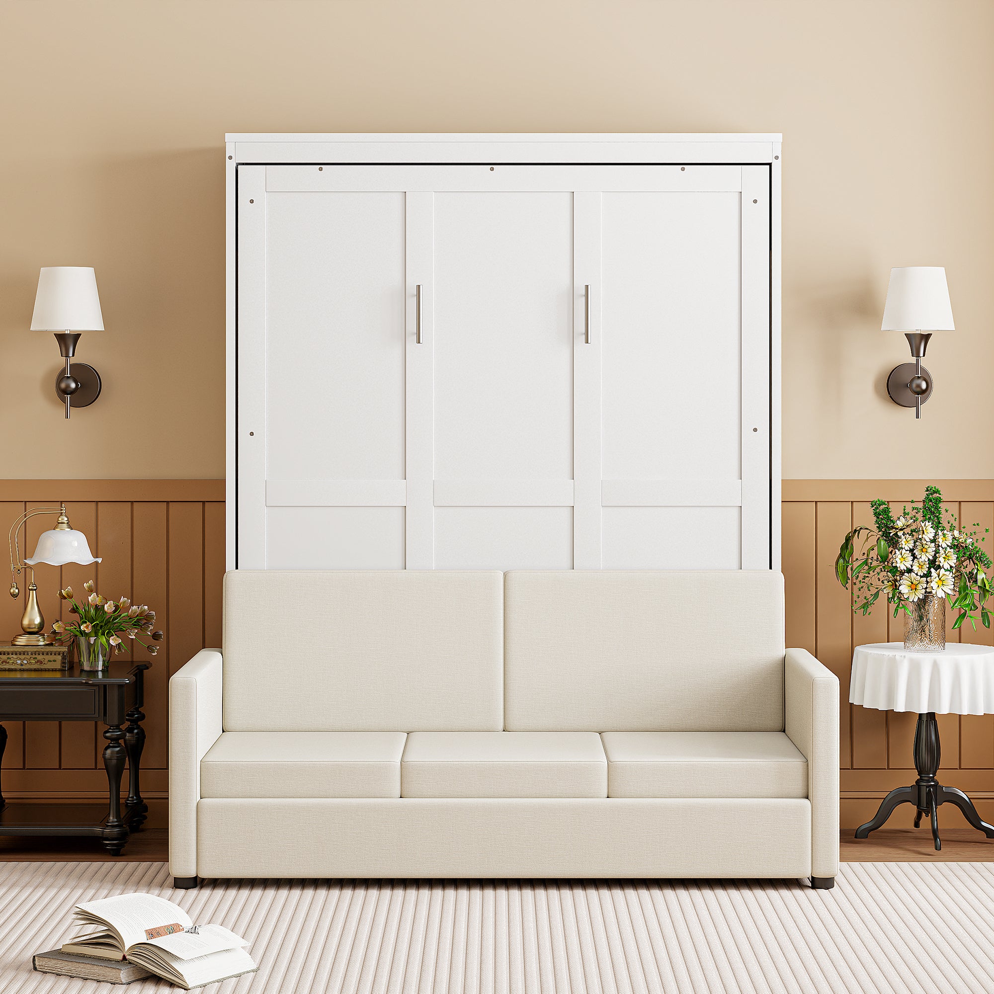 Full Size Murphy Bed Wall Bed with Cushion,White