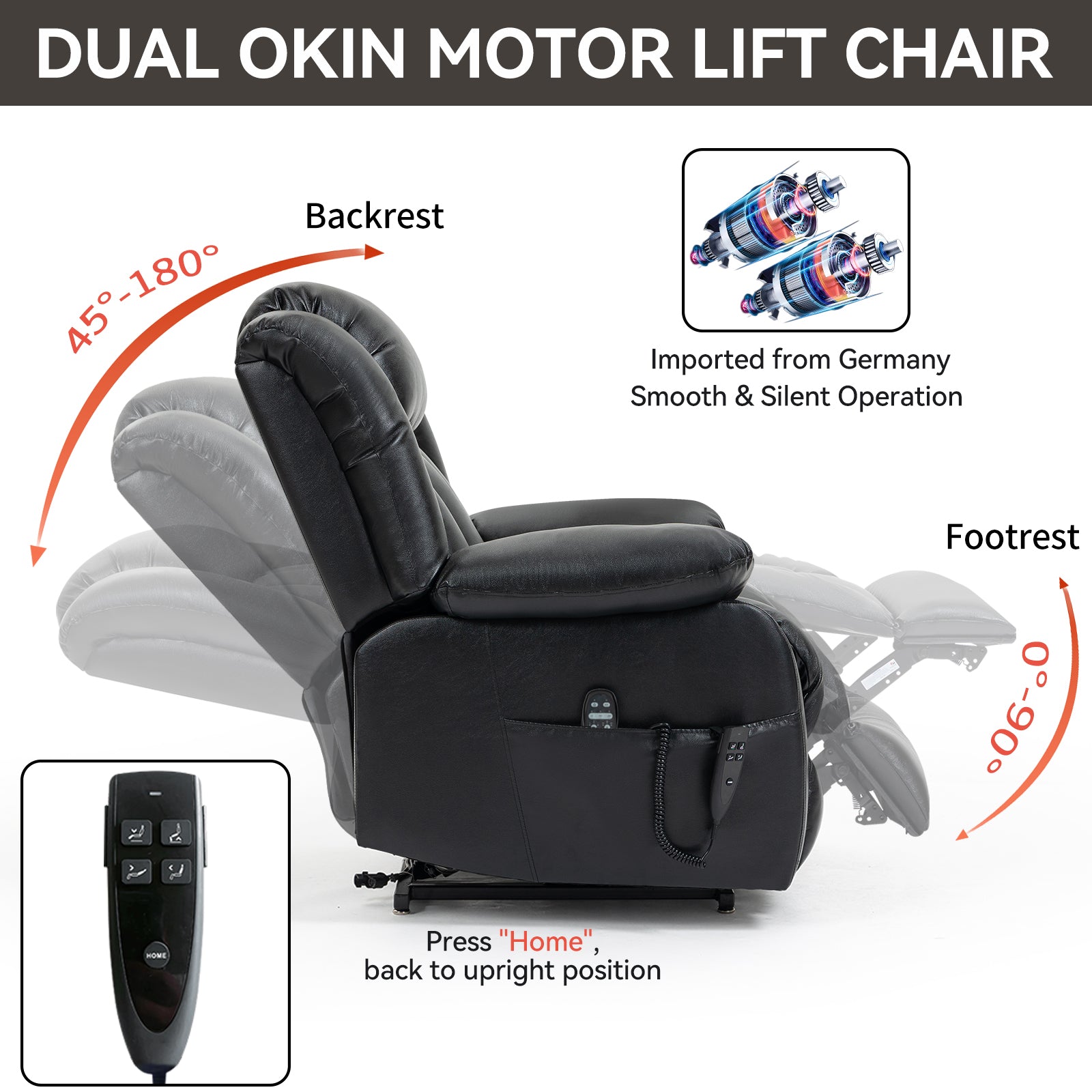 Dual Motor Infinite Position Up to 350 LBS Electric Medium size Genuine Leather Black Power Lift Recliner Chair with 8-Point Vibration Massage and Lumbar Heating