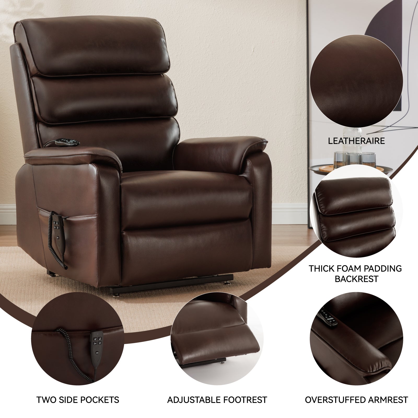 Brown Leatheraire Dual Motor Infinite Position Up to 350 LBS Power Lift Recliner Chair with Power-Remote, Heat Massage and Heavy Duty Motion Mechanism