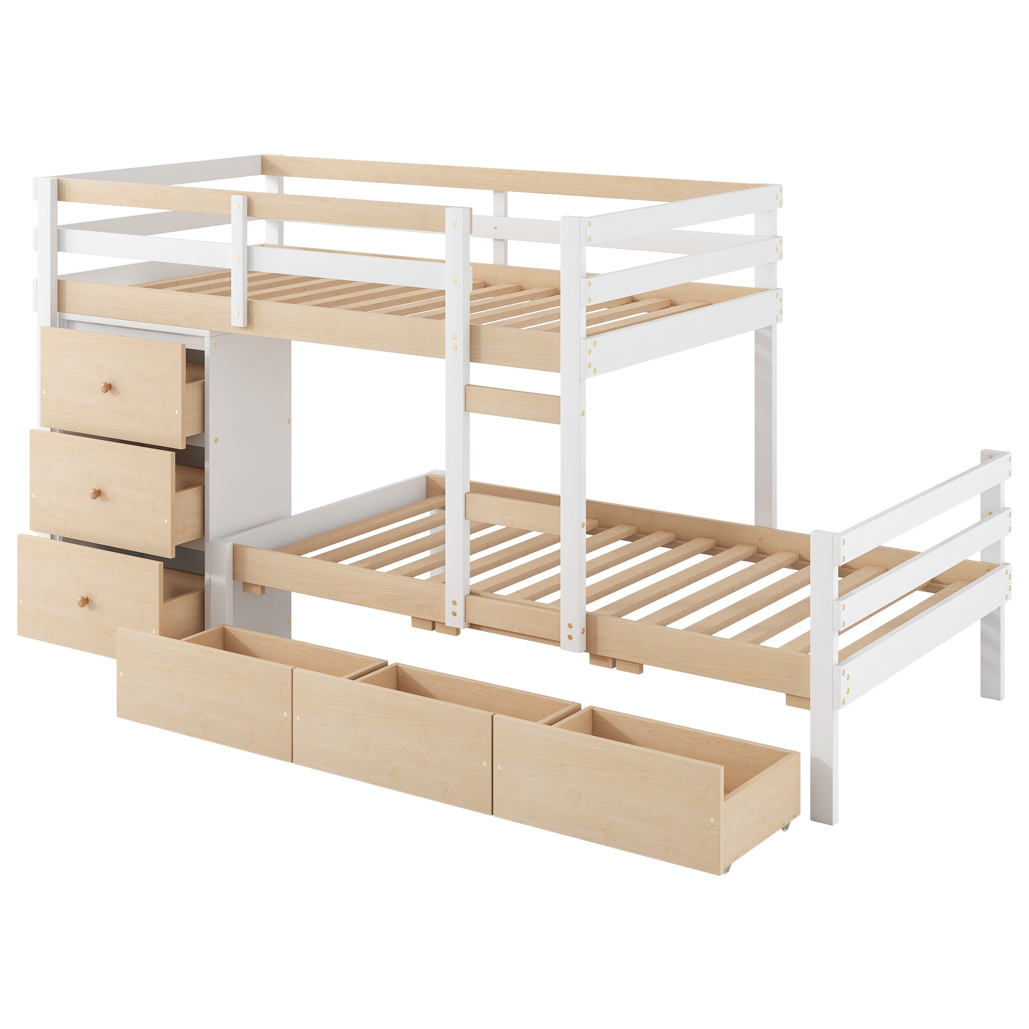 Twin over Twin Loft Bunk Bed with Drawers and Ladder, Natural