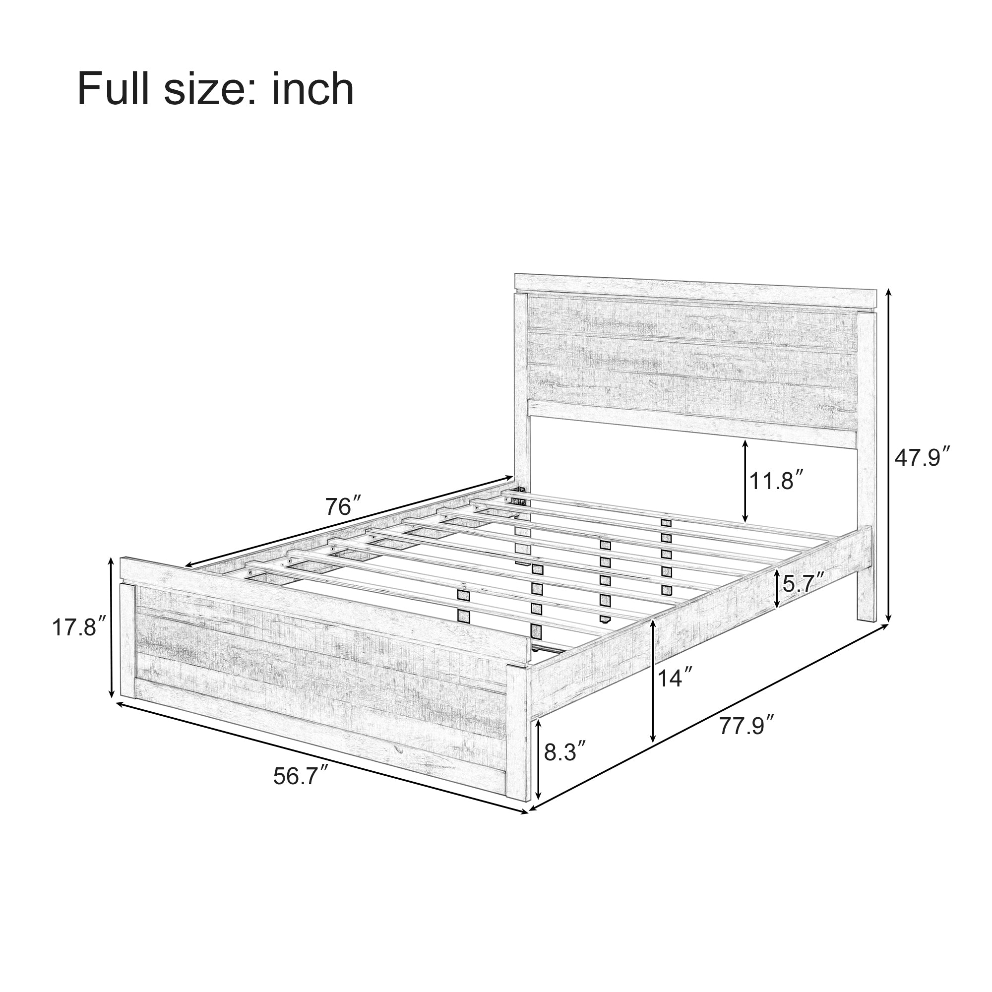 Vintage Farmhouse Style Full Size Platform Bed with 10 Wooden Slats Support, No Box Spring Needed, Rustic White