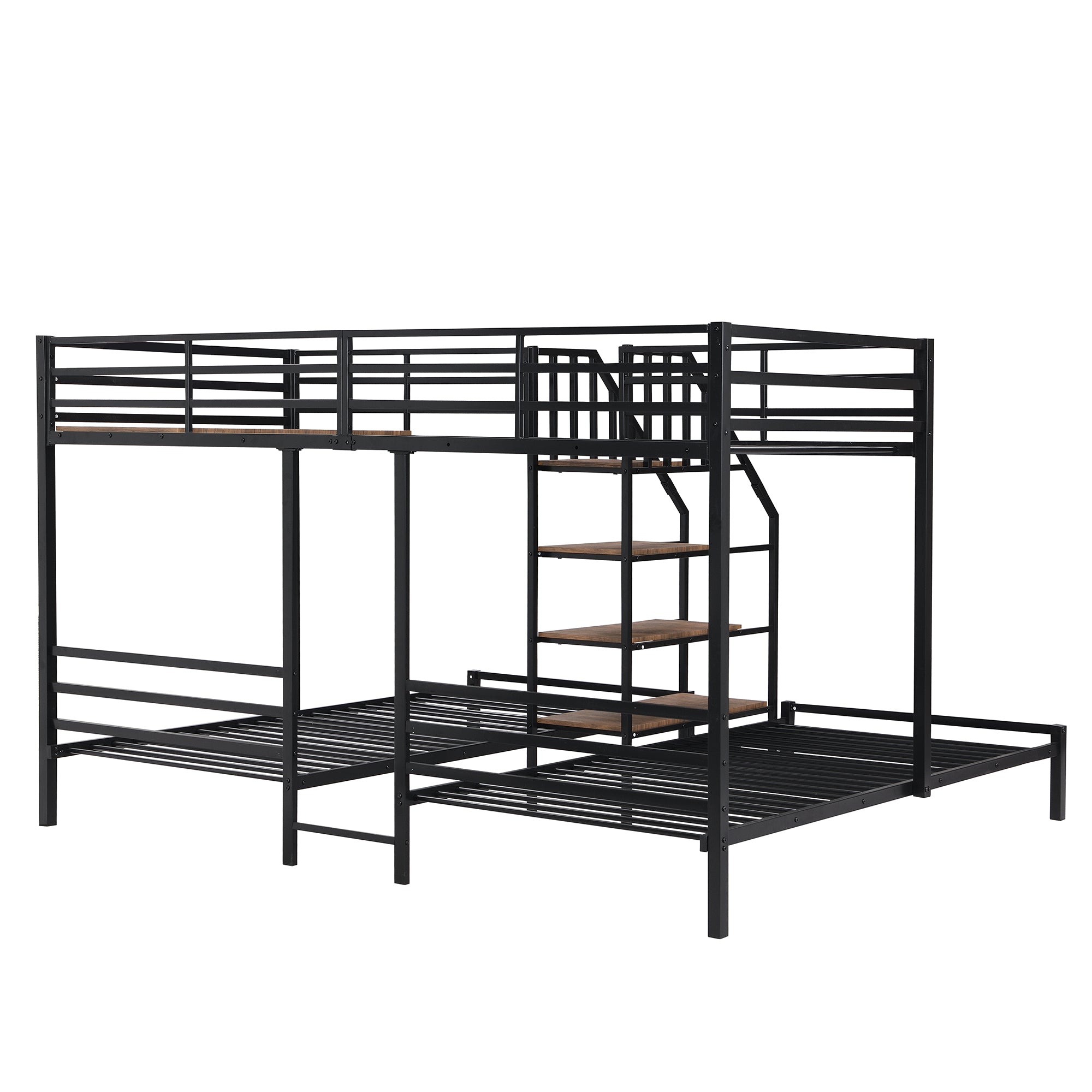 Metal Twin over Twin & Twin Bunk Bed, Triple Bunk Bed with Storage Shelves Staircase, Black