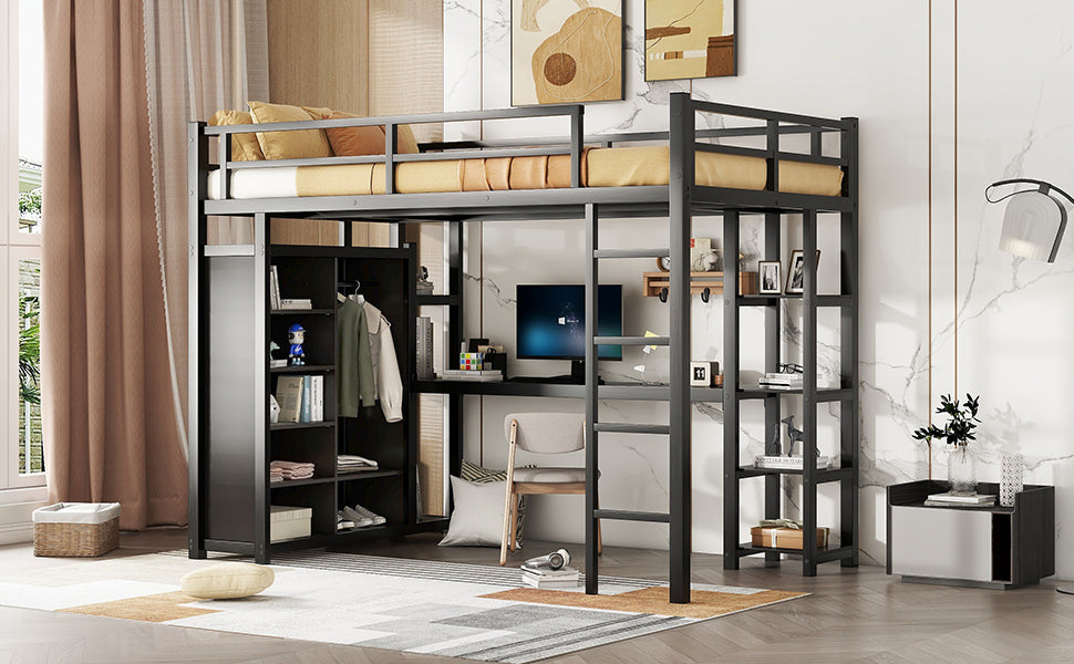 Metal Full Size Loft Bed with Desk,Shelves,Wardrobe, Black