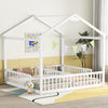 Double Twin House-Style Floor Bed with Fence, Guardrails, without door, White