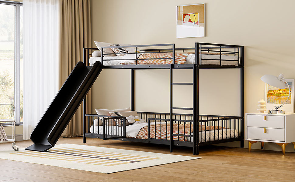 Twin over Twin Size Metal Bunk Bed with Slide and Guardrails, Black