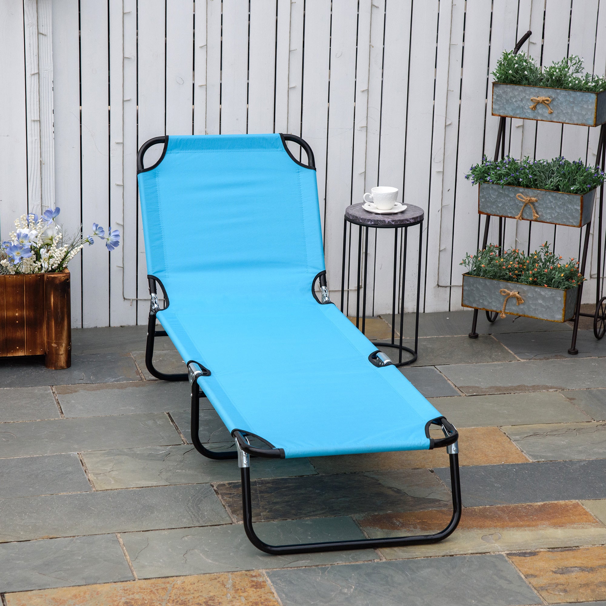 Outsunny Folding Chaise Lounge Pool Chairs, Outdoor Sun Tanning Chairs with 5-Level Reclining Back, Steel Frame for Beach, Yard, Patio, Sky Blue