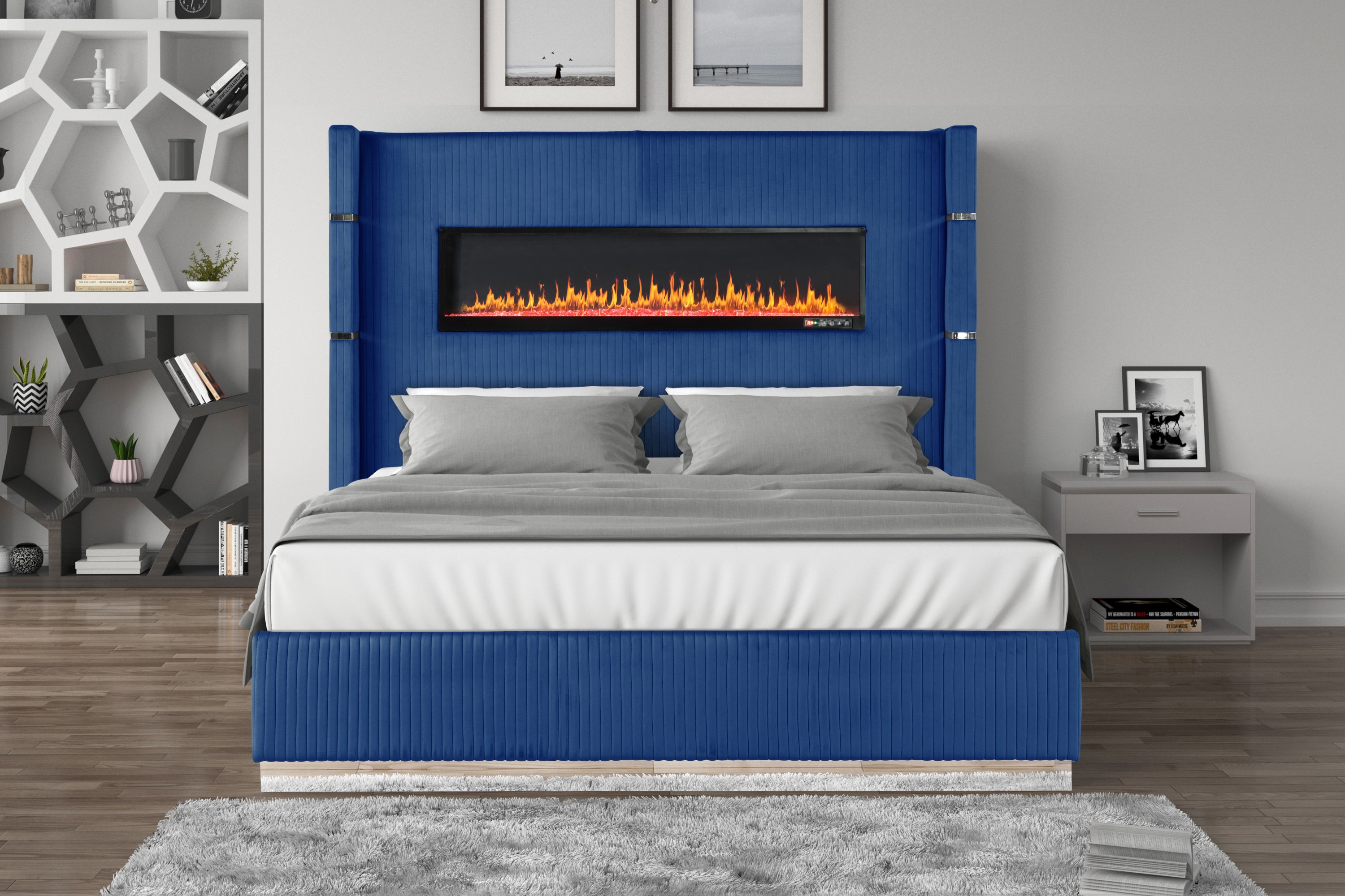 Upholstery Wooden King Bed with Ambient lighting in Blue Velvet Finish