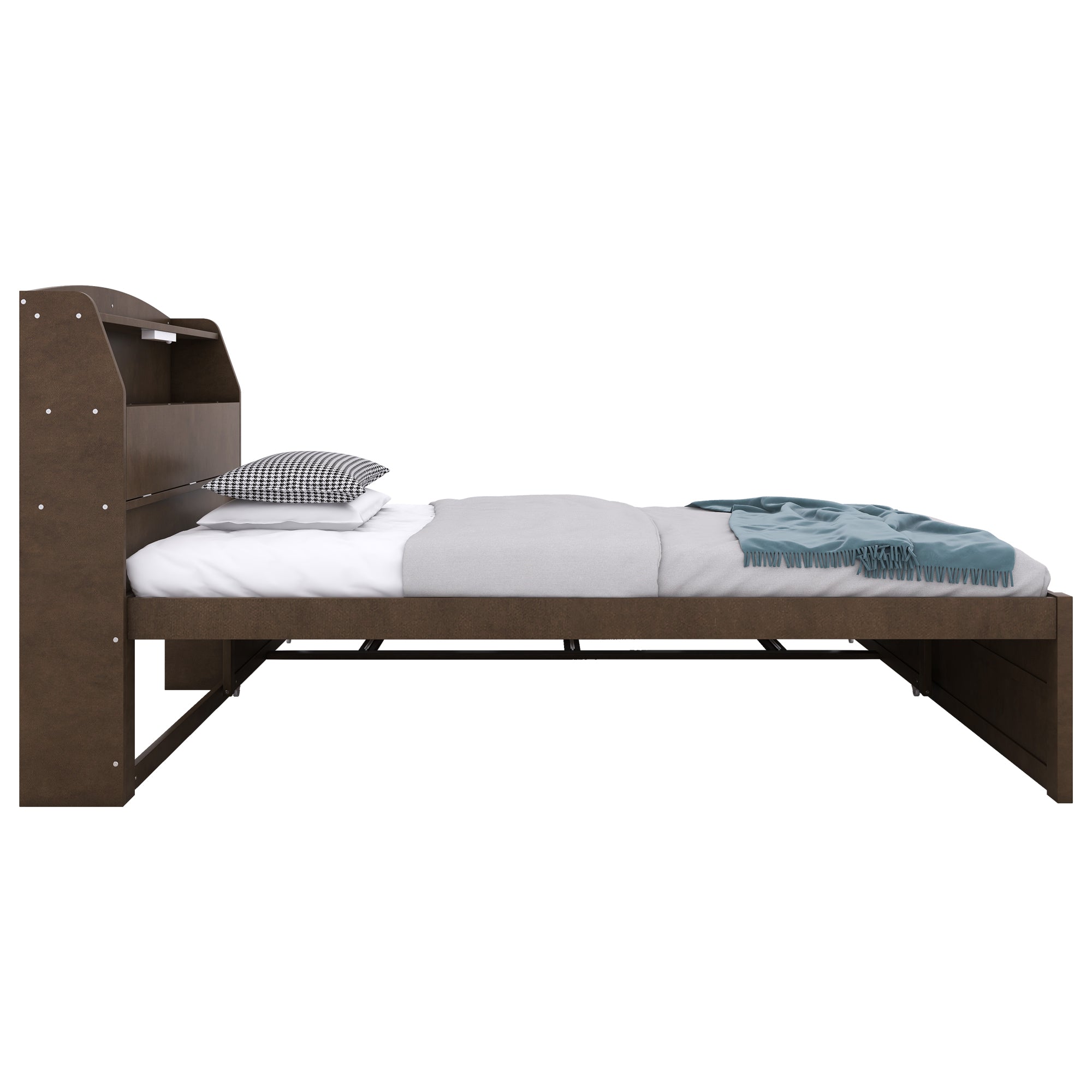 Twin Size Wooden LED Platform Bed with Trundle, with Storage Headboard, with Drawers, Brown