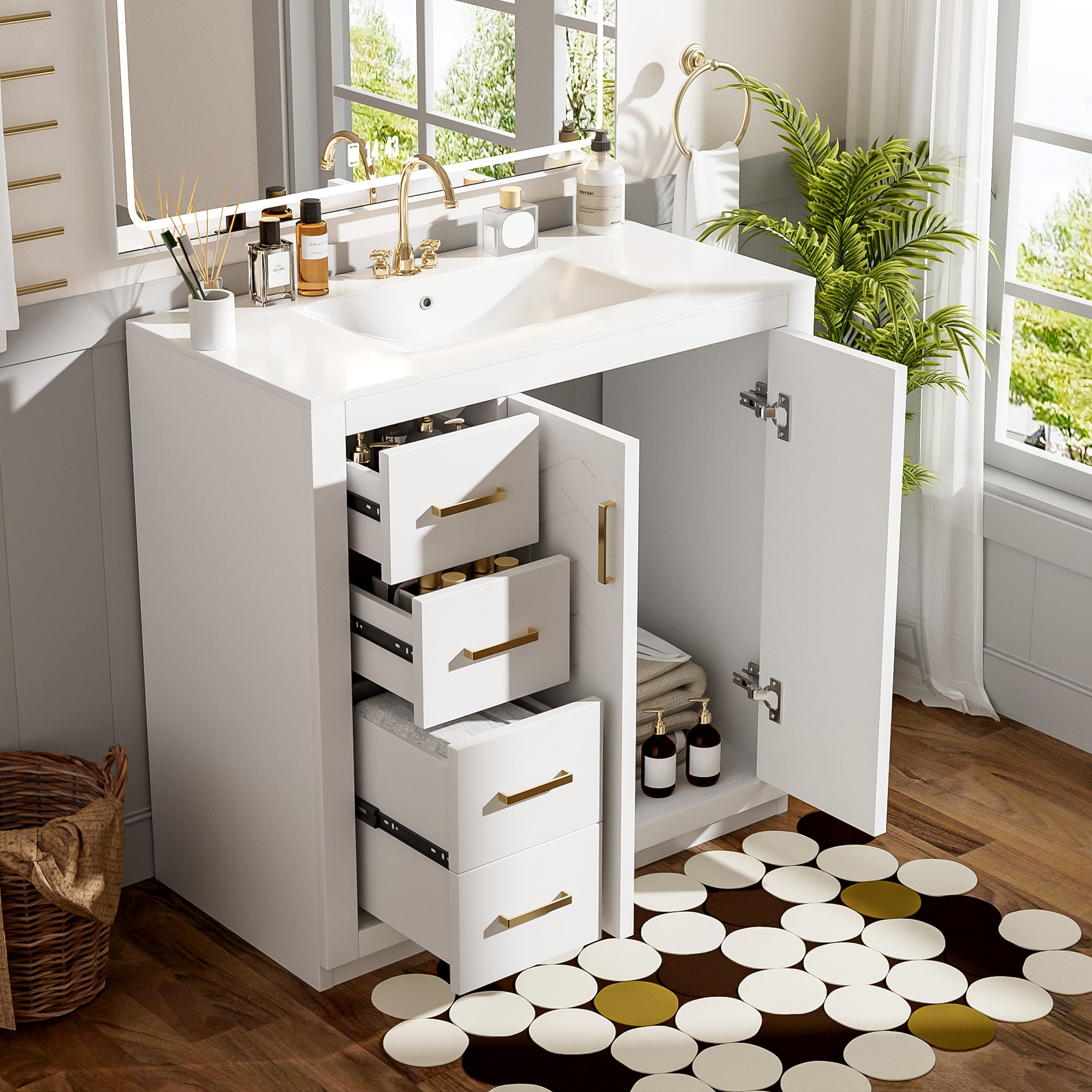 Freestanding bathroom vanity showing 3 drawers and soft-closing doors