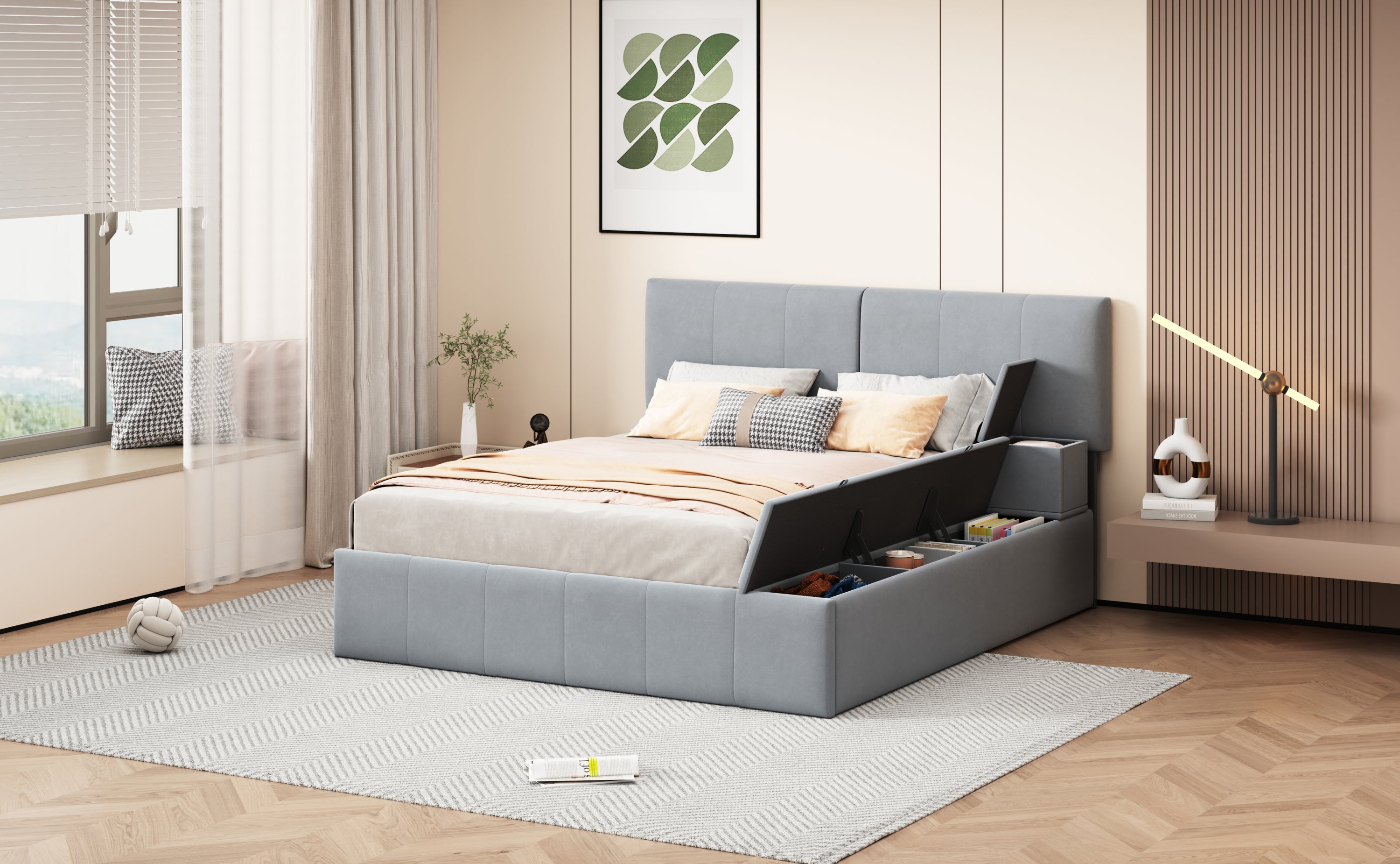 Queen Size Upholstered Platform Bed with Lateral Storage Compartments and Thick Fabric, Velvet, Gray