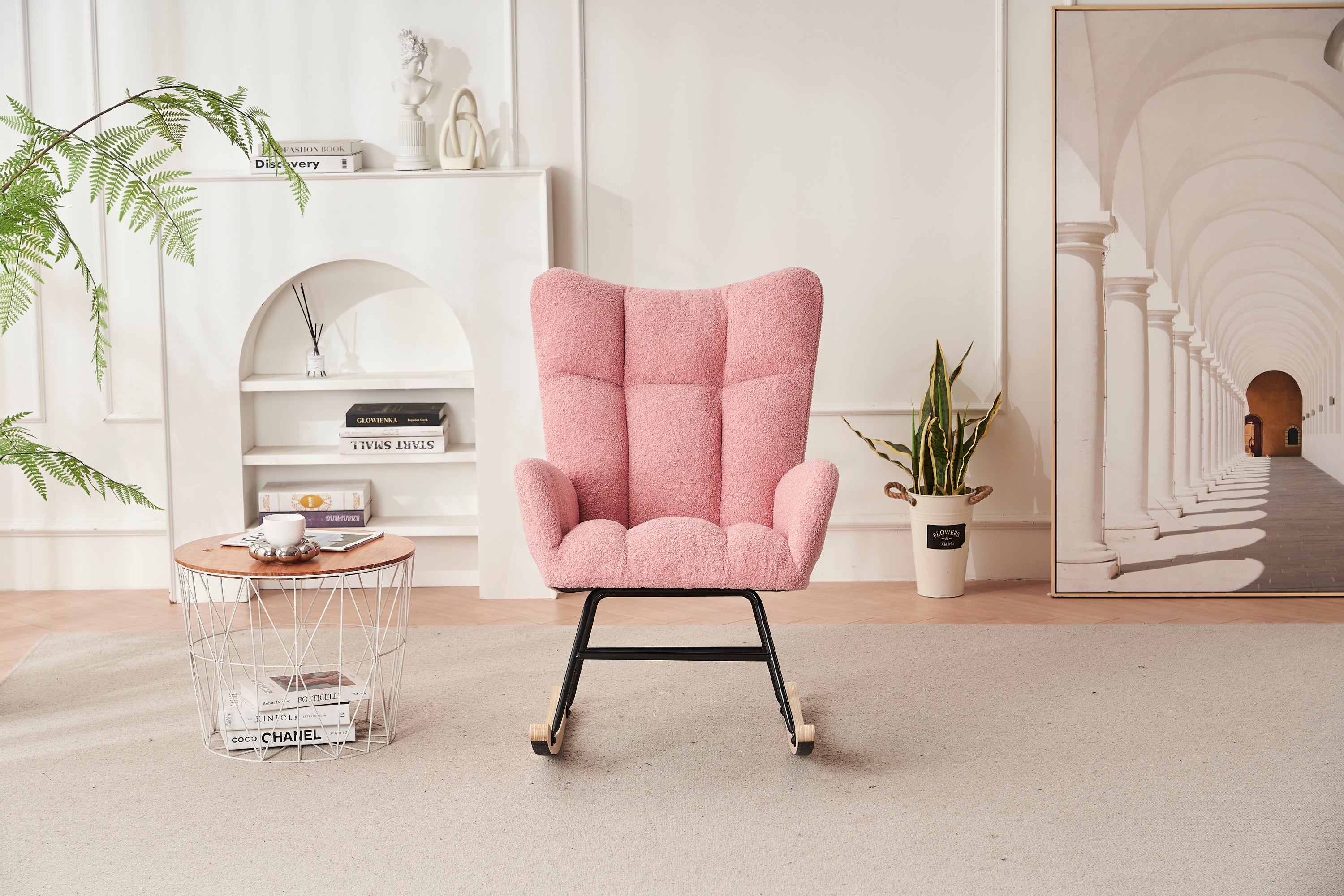 Rocking Chair Nursery, Solid Wood Legs Reading Chair withTeddy Fabric Upholstered, Nap Armchair for Living Rooms, Bedrooms, Offices, Best Gift,Pink Teddy fabric