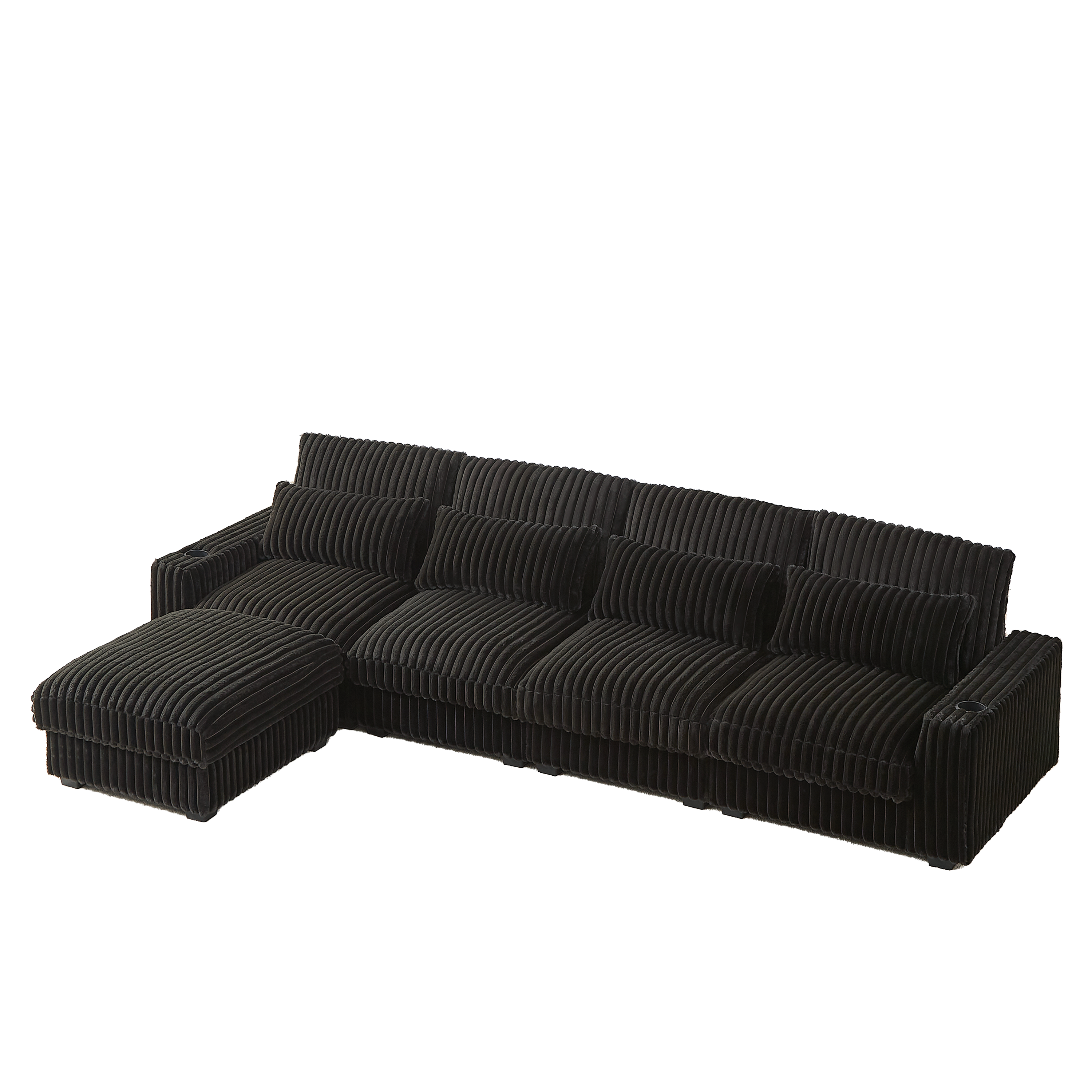 126-inch Corduroy With Cup Holder Super Large L-Shaped Sofa, Movable Footrest, Four Waist Pillows And Four Back Cushion, With USB Port And Type-C Port