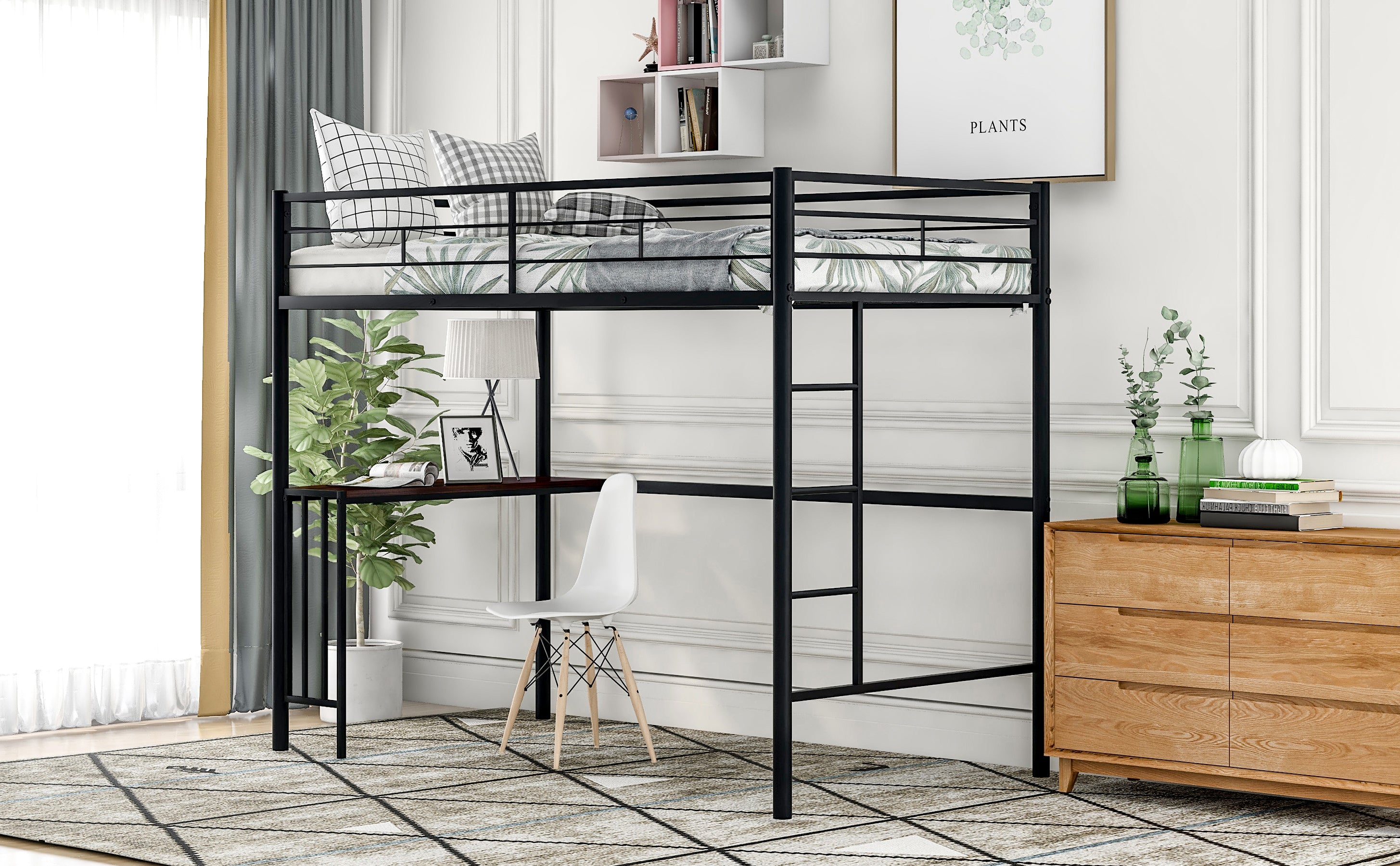 Twin Metal Loft Bed with Desk, Ladder and Guardrails, Loft Bed for Bedroom, Black(OLD SKU : MF195191AAB)