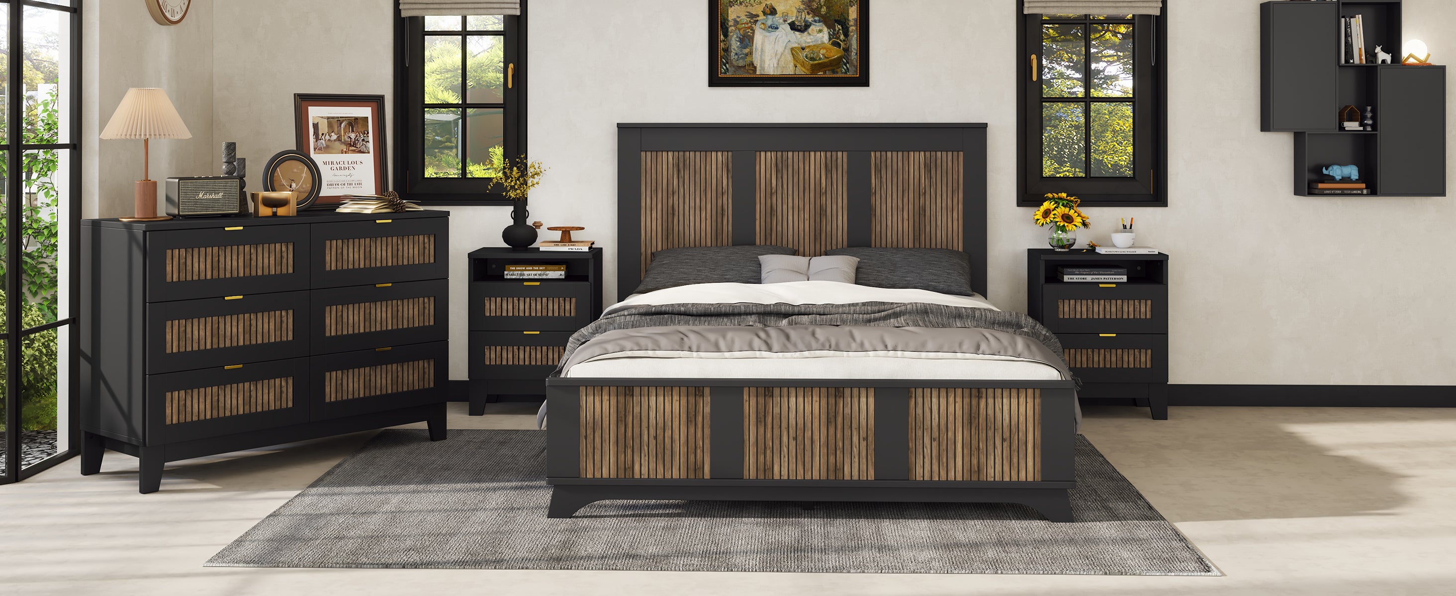 Farmhouse Wooden Platform Queen Size Bed, Modern Platform Bed with Wooden Strip Decoration, Plywood Slats Support, Black