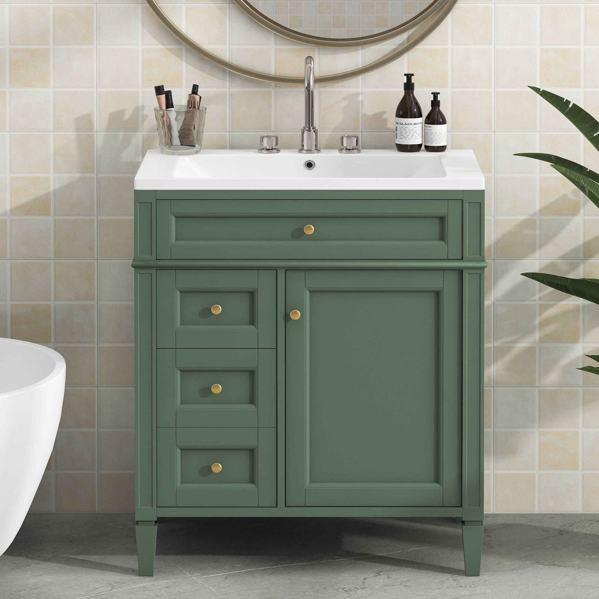 30'' Bathroom Vanity with Top Sink, Modern Bathroom Storage Cabinet with 2 Drawers and a Tip-out Drawer, Single Sink Bathroom Vanity