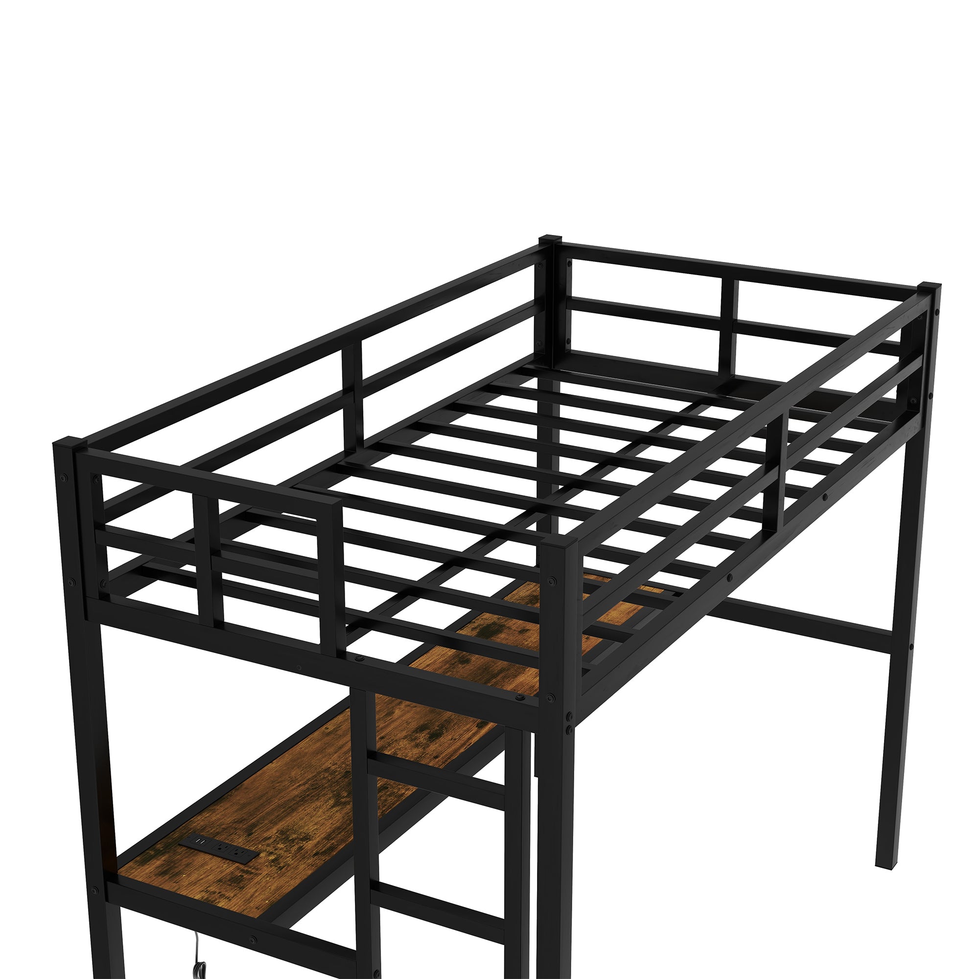 Metal Twin XL Size Loft Bed  with Power Outlet and LED Lighted, Space-Saving, Noise Reduced, Black