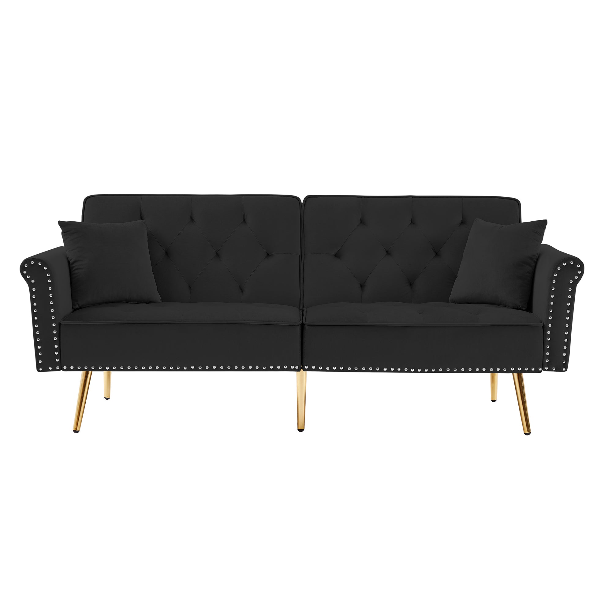 BLACK Velvet Tufted Sofa Couch with 2 Pillows and Nailhead Trim