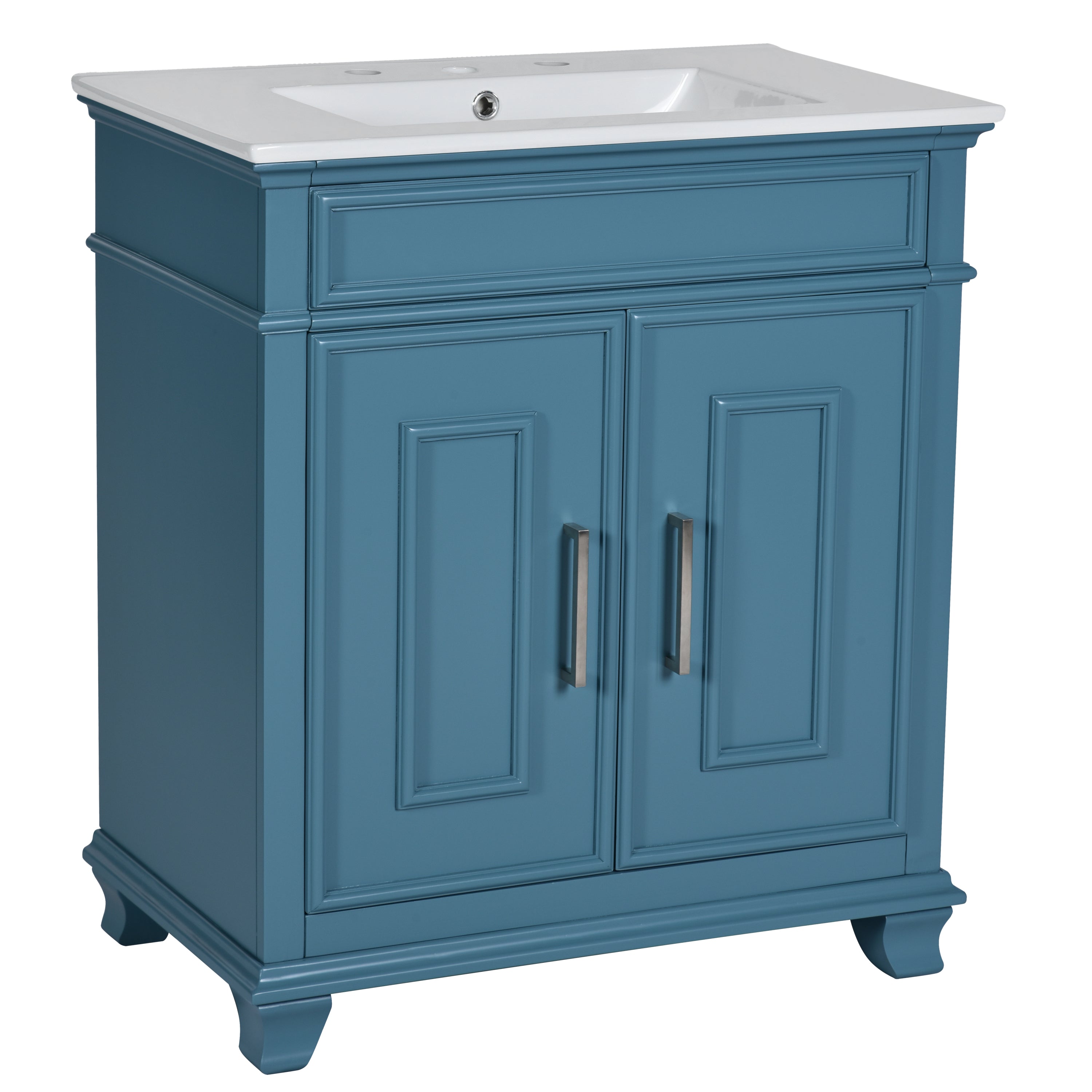 30 Inch Bathroom Vanity with Ceramic Sink, Freestanding Bathroom Vanity Set with Storage Shelf, Storage Cabinet for Bathroom, Solid Wood Frame Bathroom Cabinet, Blue