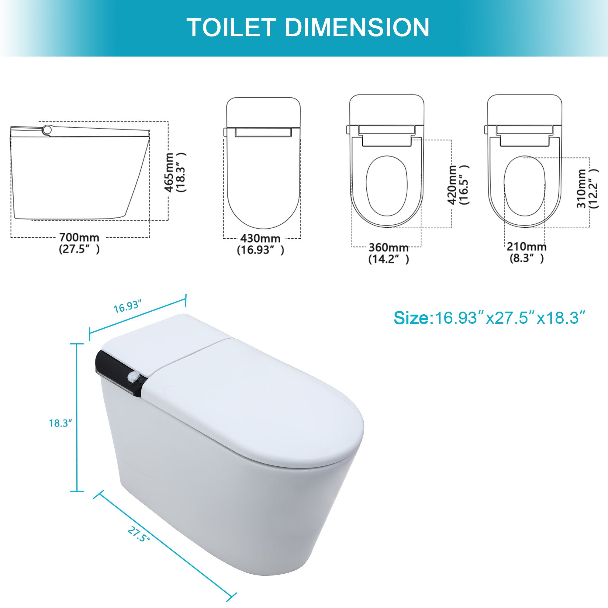 Smart Toilet with Bidet Built in, Auto Open & Close, Elongated Heated seat, Foot Sensor Flush, LED Display, Warm Water Wash, Dryer, Night Light