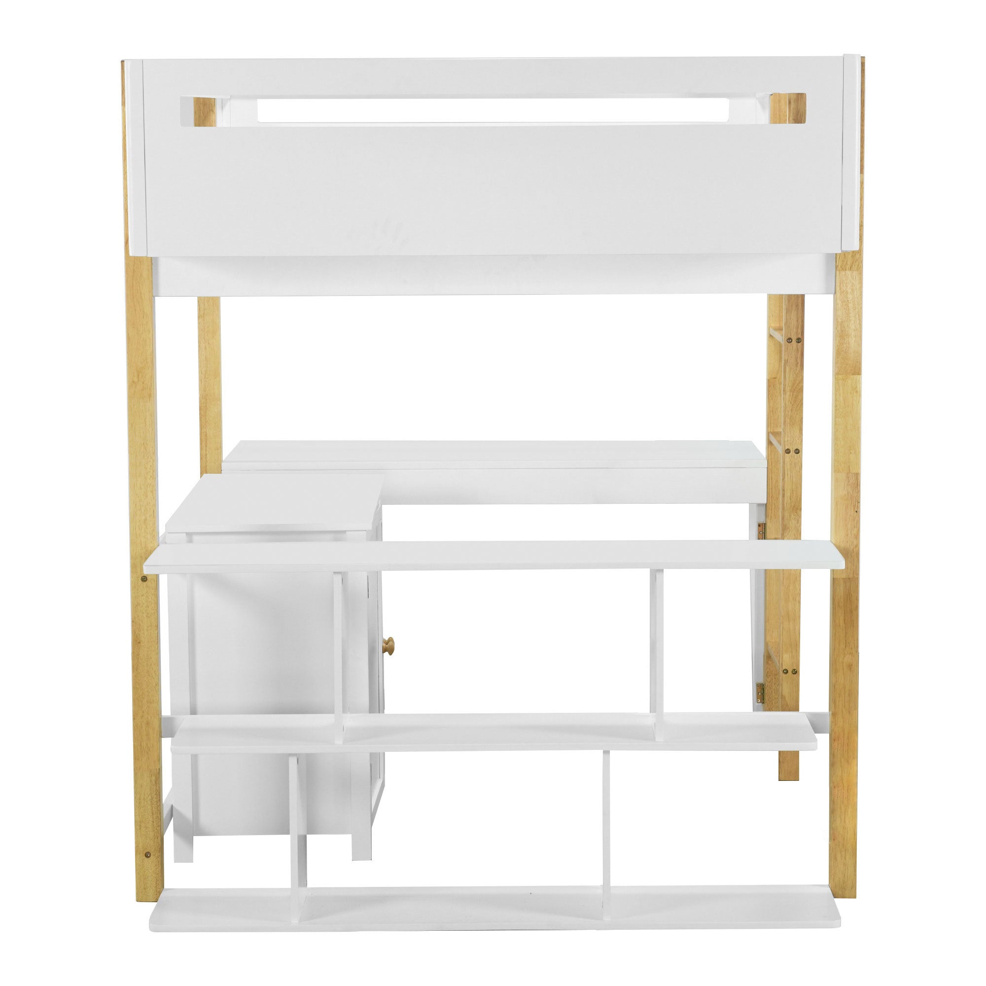 Full Size Wood Loft Bed With Built-in Storage Cabinet and Cubes, Foldable desk, White