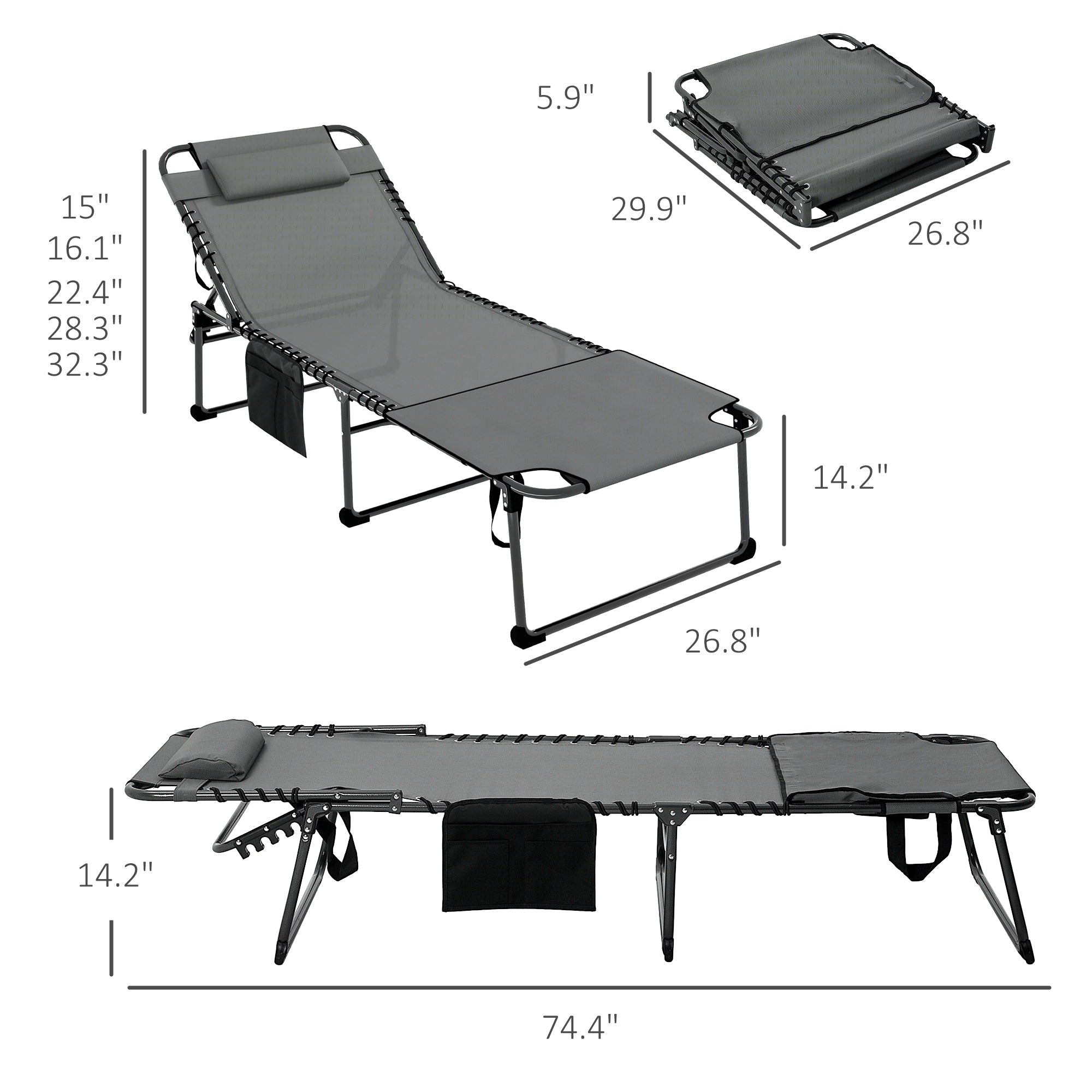 ,Outsunny Folding Chaise Lounge with 5-level Reclining Back, Outdoor Tanning Chair with Reading Face Hole, Outdoor Lounge Chair with Side Pocket & Headrest for Beach, Yard, Patio, Gray