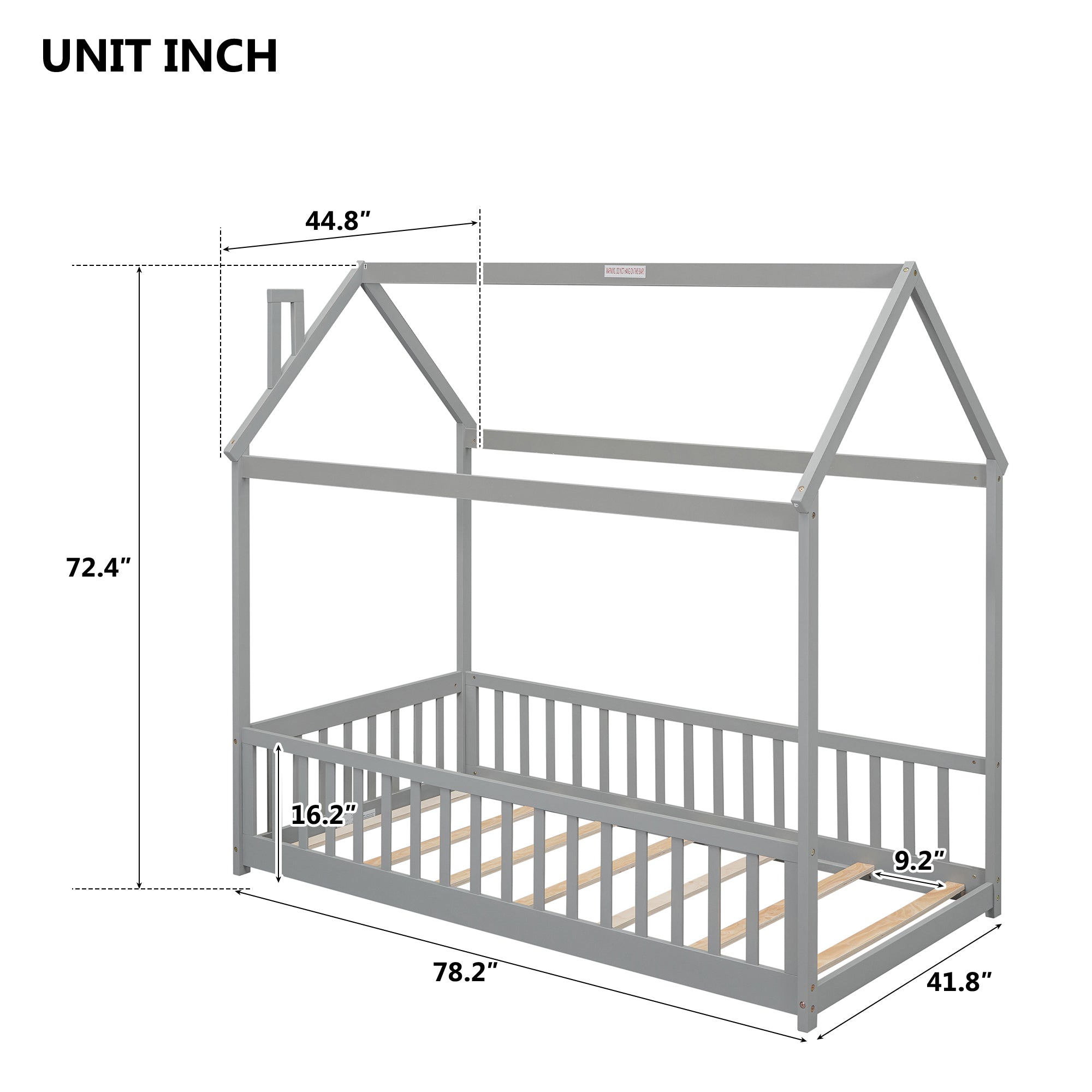 Twin House Bed with Guardrails, Slats ,Grey