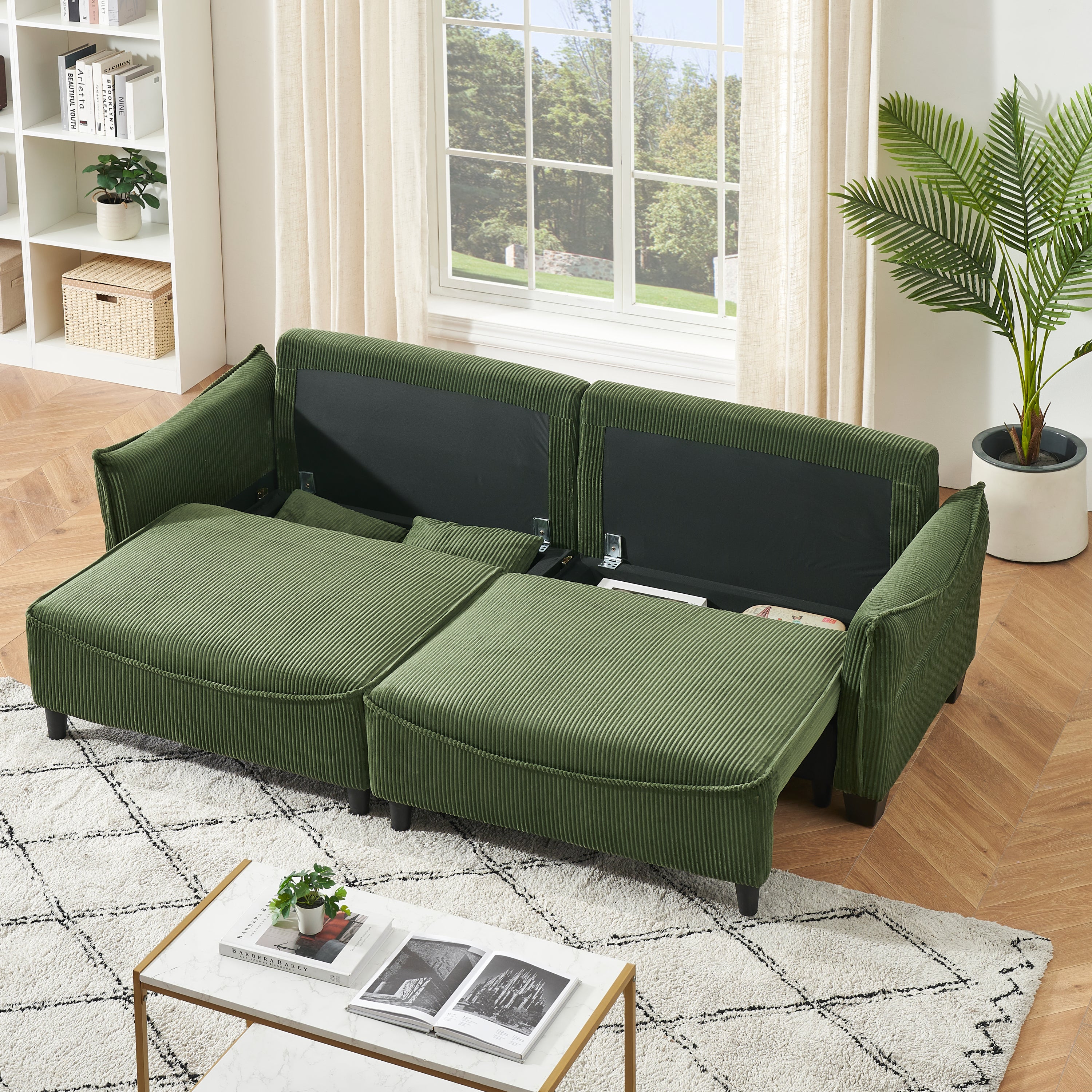 Sofa Showcasing Green Corduroy Fabric, Transformable into Sofa Bed with Two Throw Pillows: Ideal for Living Rooms & Diverse Scenes