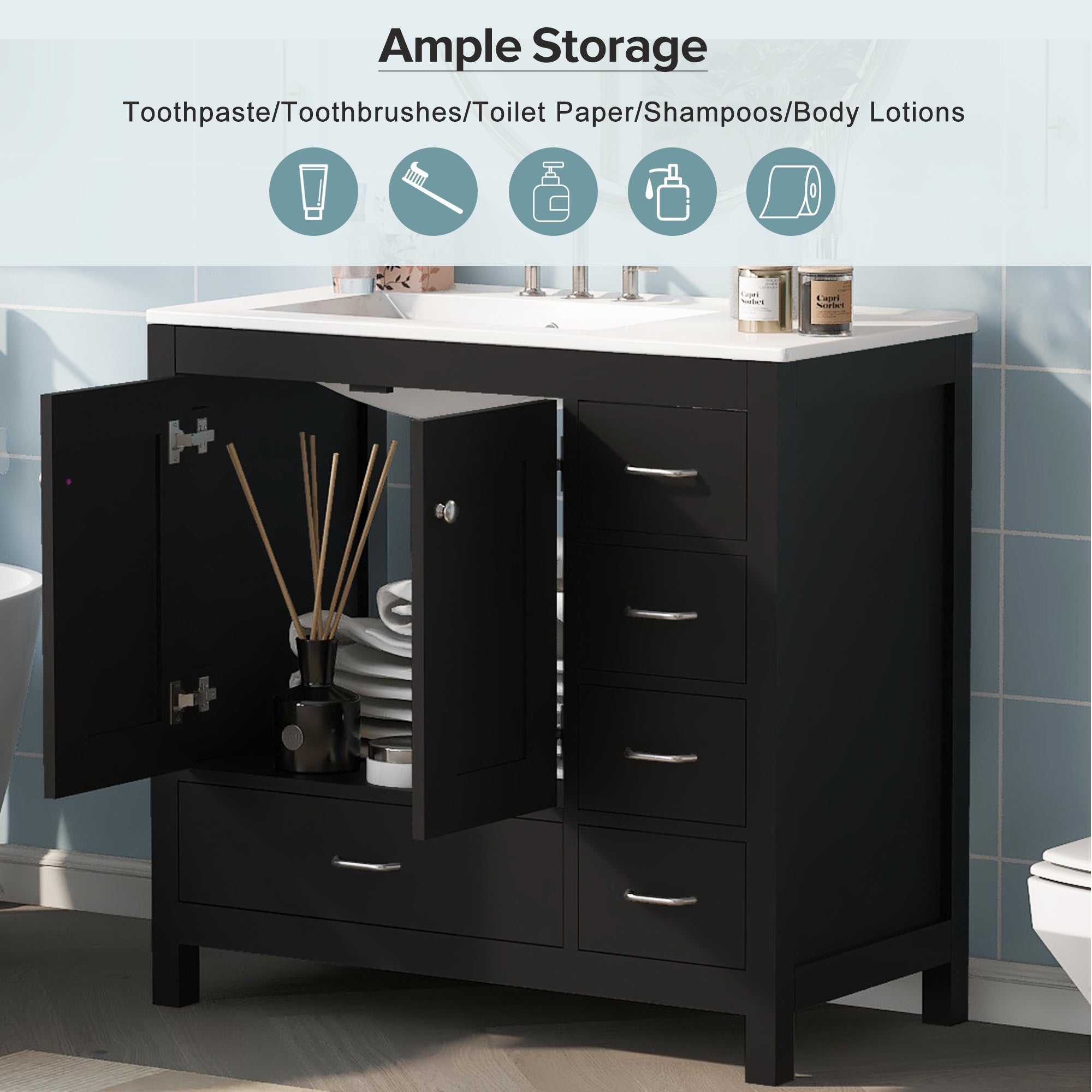 36" Black Bathroom Vanity with Ceramic Sink Combo, Abundant Storage Cabinet -2 Soft close doors and 5 drawers