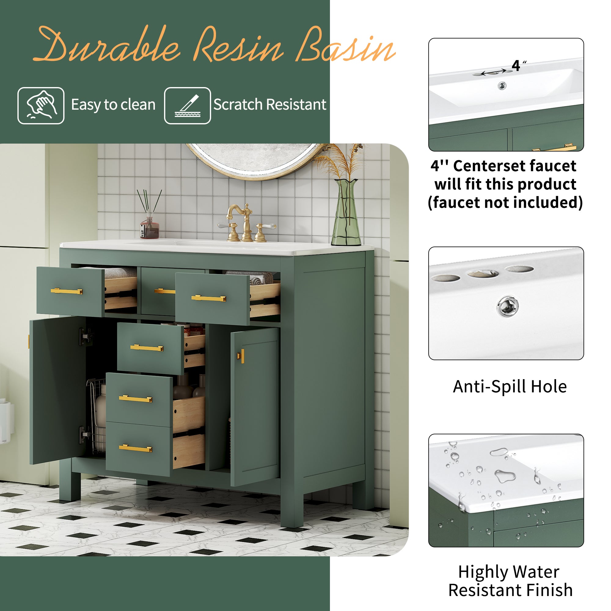Green modern single-sink vanity with ceramic basin, styled bathroom view