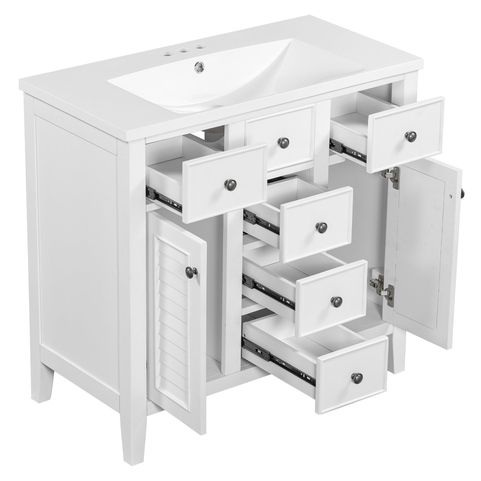 36" Bathroom Vanity with Ceramic Basin, Two Cabinets and Five Drawers, Solid Wood Frame, White (OLD SKU: SY999202AAK-1)