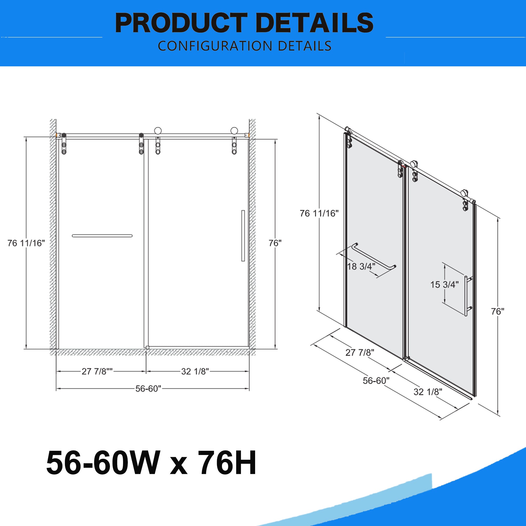 56"-60"W x 76"H Frameless Shower Door, Sliding Shower Door, Premium 5/16"(8mm) Thick Tempered Glass Shower Enclosure with Towel Bar ,Double Side Easy Clean Coat,Brushed Nickel Finished With Buffer