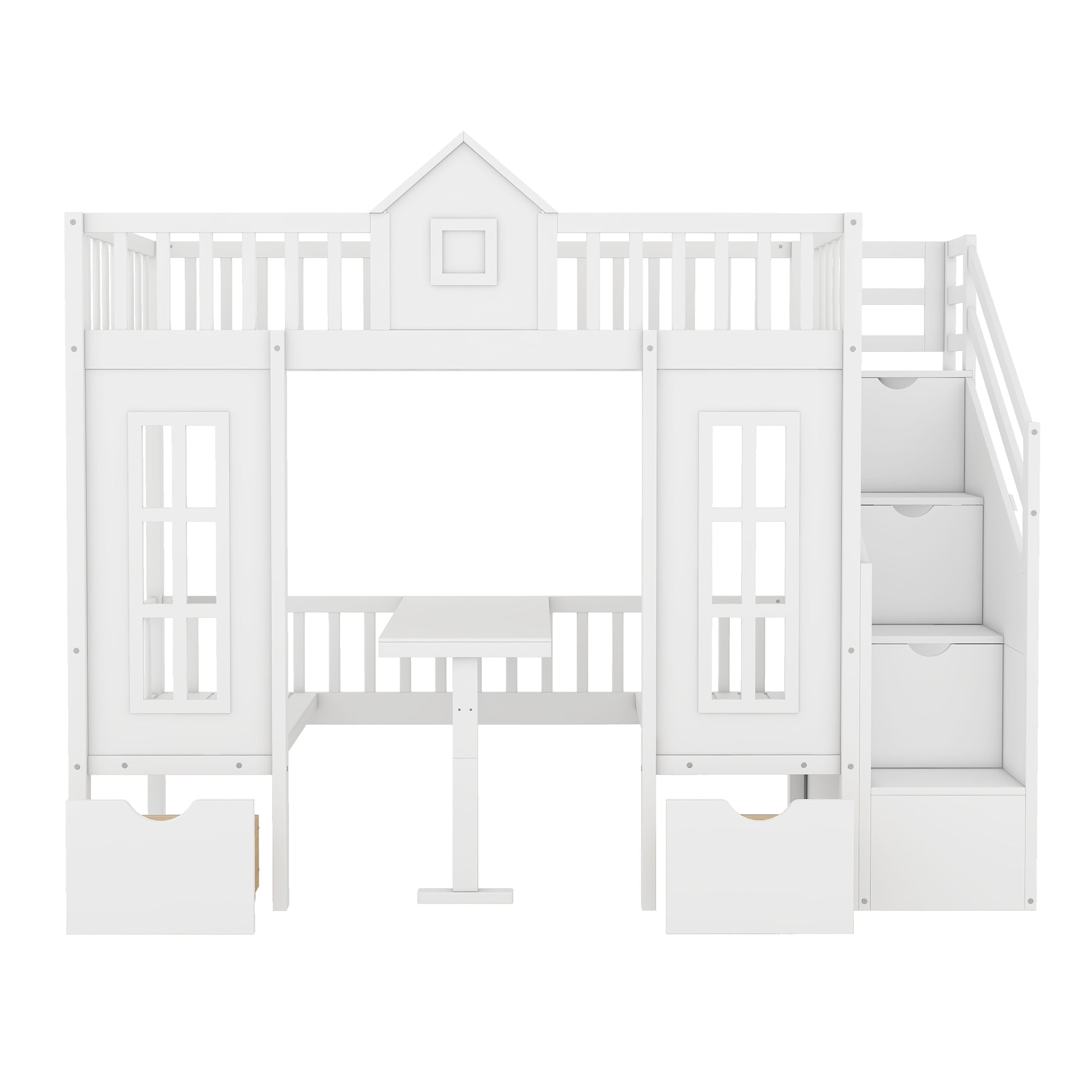 Twin-Over-Twin Bunk Bed with Changeable Table, Bunk Bed Turn into Upper Bed and Down Desk -White