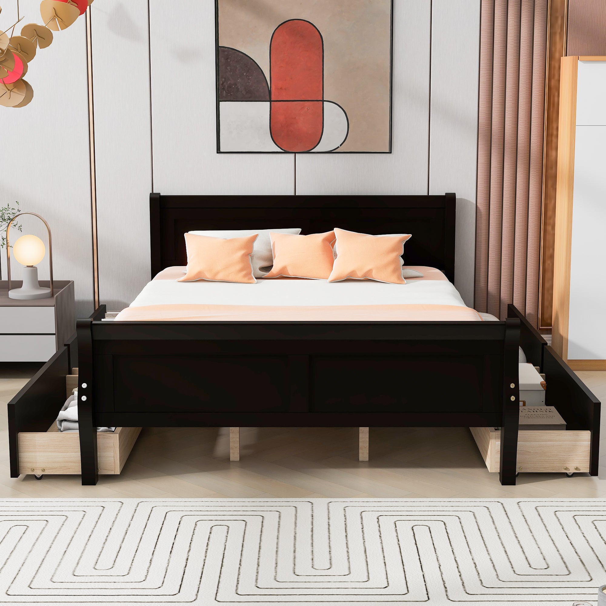 Queen Size Wood Platform Bed with 4 Drawers and Streamlined Headboard & Footboard, Espresso