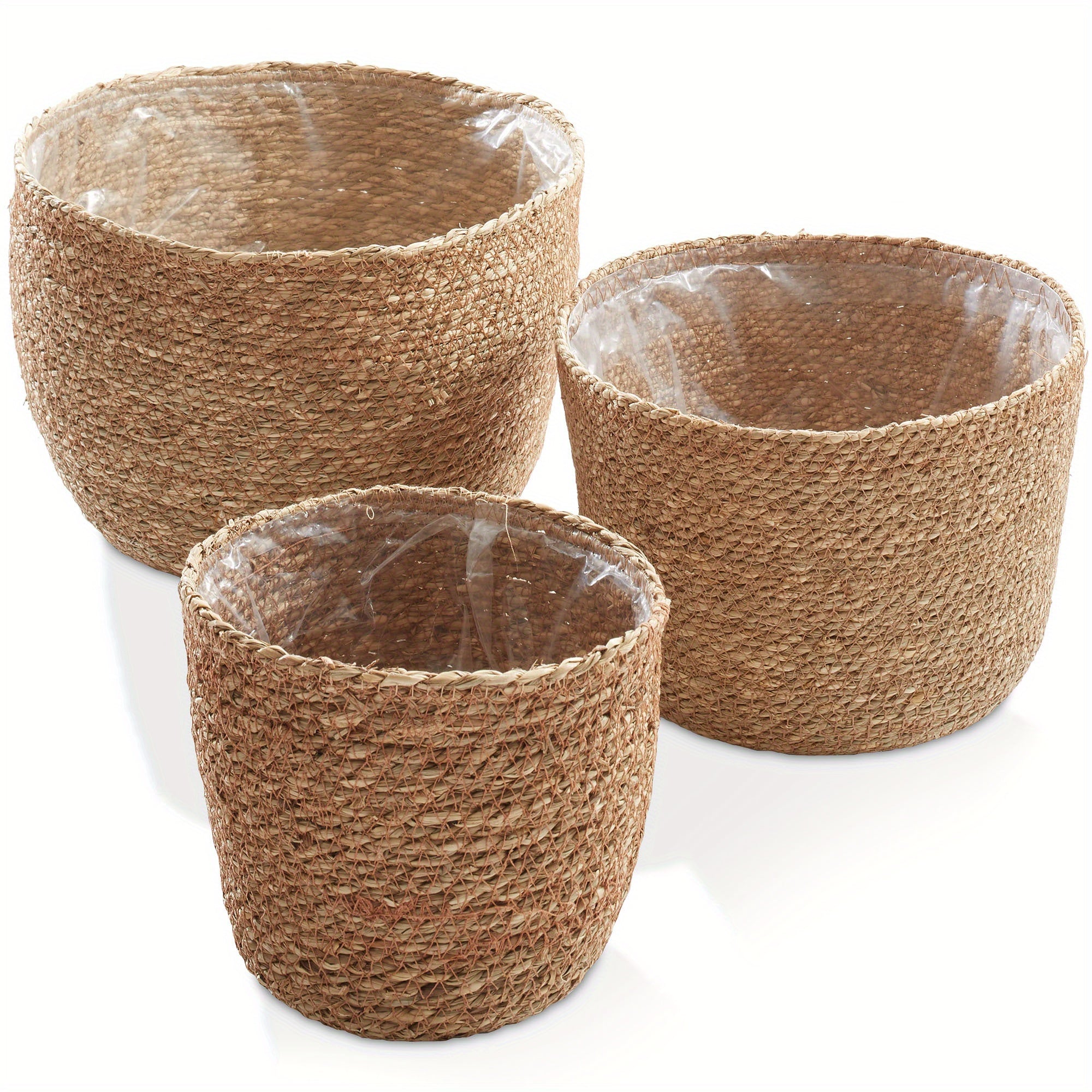 3pc Seagrass Planter Baskets with Liners, Indoor Plant Flower Pot Covers