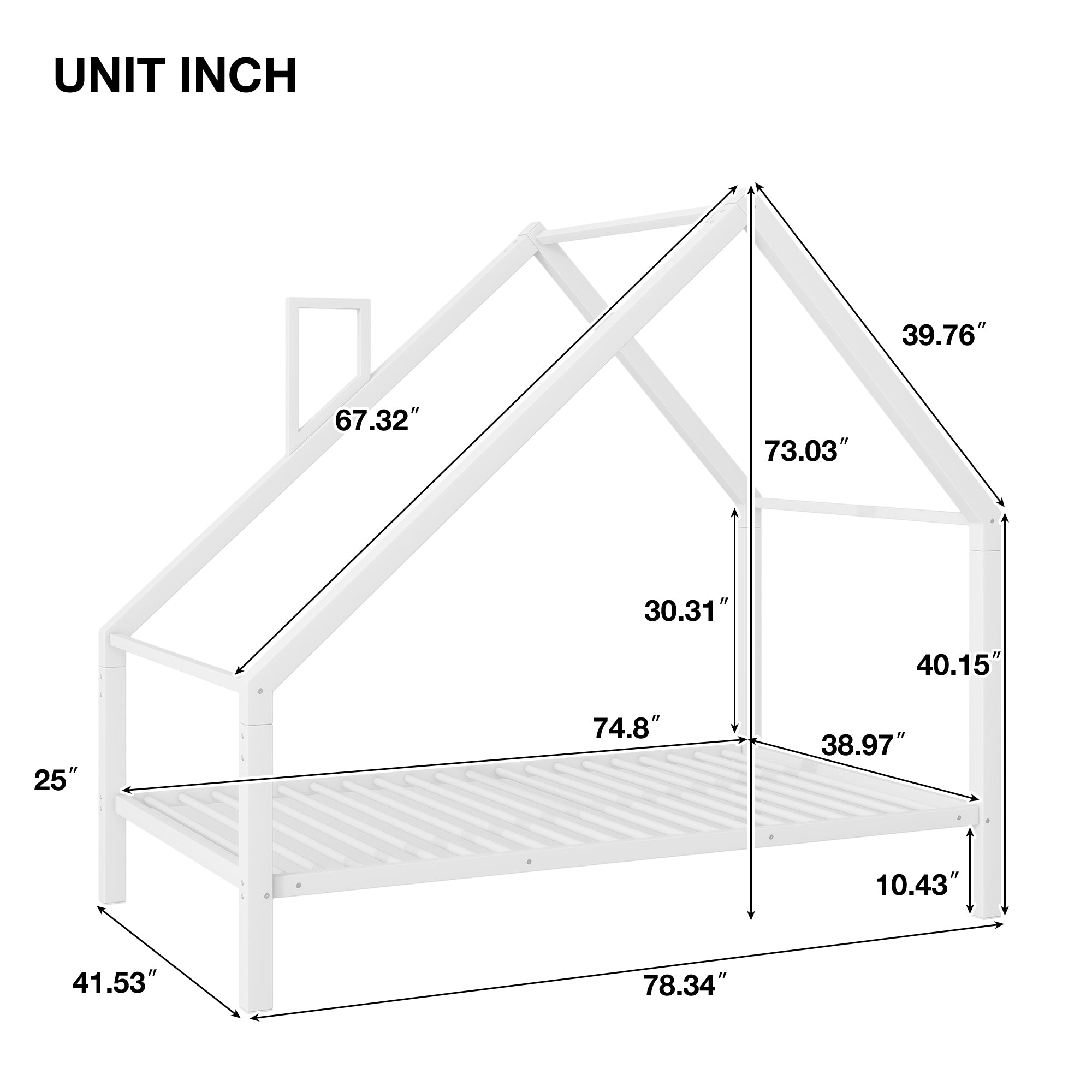 Twin Size Metal House Platform Bed with Roof and Chimney, White