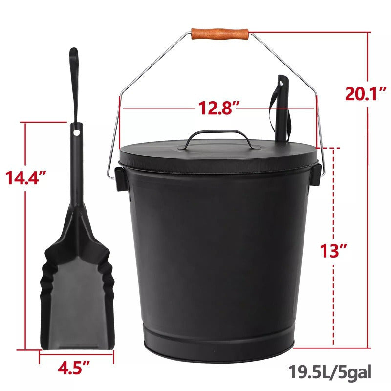 5.15 Gallon Ash Bucket with Lid and Shovel For Fireplaces Fire Pits Stoves Metal