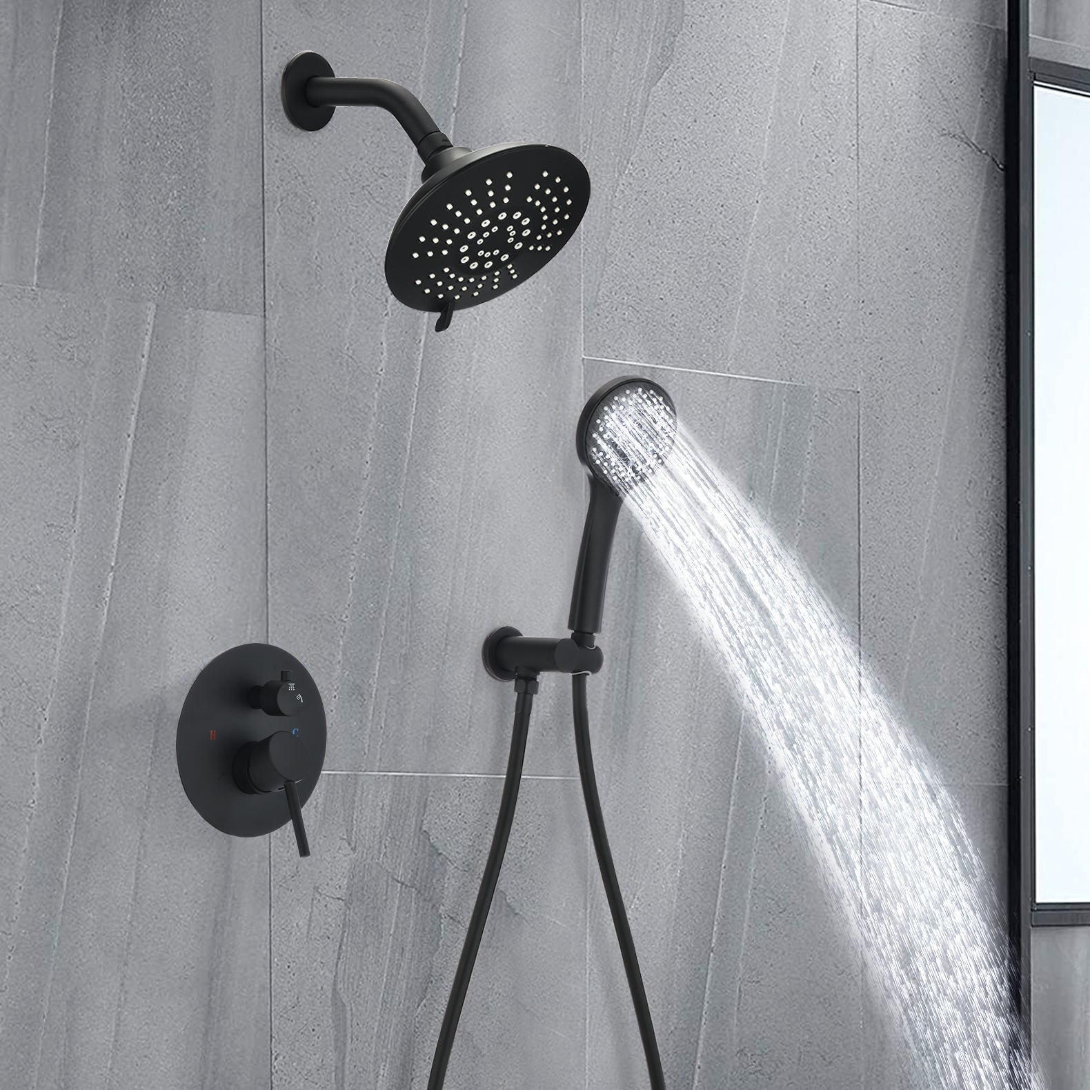 Round Shower System  Wall Mounted Rain Mixer Combo Set Matte Black