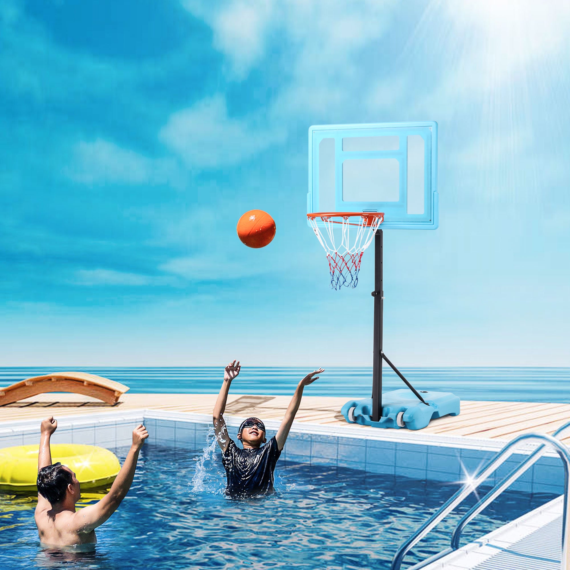 Soozier Poolside Basketball Hoop Stand, 36.5"-48.5" Height Adjustable Portable Hoop System w/ Clear Backboard & Fillable Base for Whole Family, Blue, Black, Red