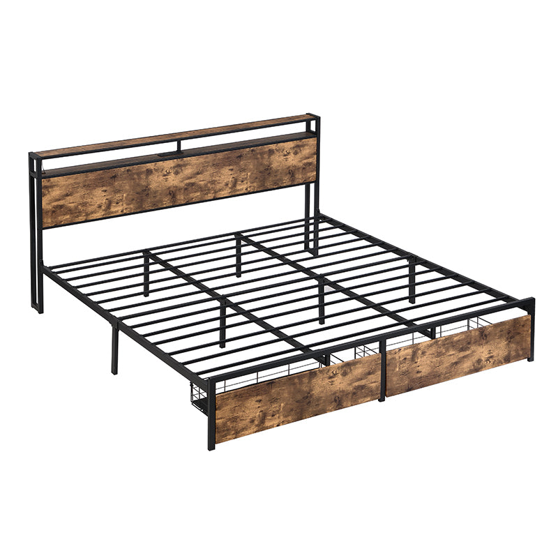 King Bed Frame, Storage Headboard with Charging Station, Solid and Stable, Noise Free, No Box Spring Needed, Easy Assembly